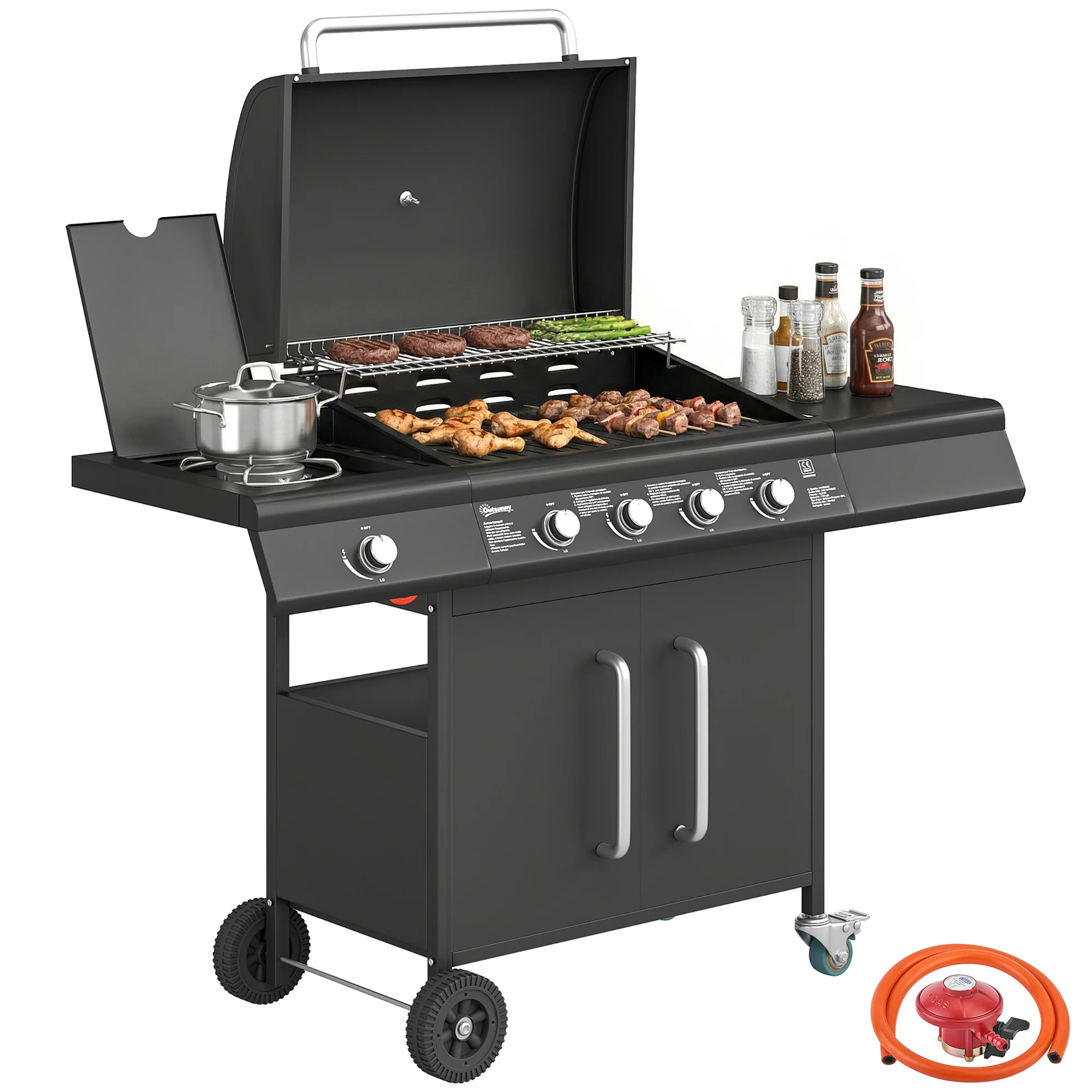 Outsunny Burner Gas BBQ Grill, Gas Barbecue Trolley With Side Table, Black