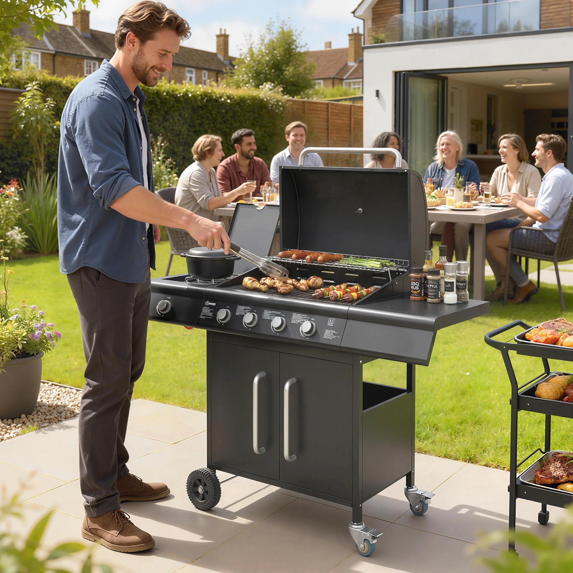 Outsunny Burner Gas BBQ Grill, Gas Barbecue Trolley With Side Table, Black - Image 2