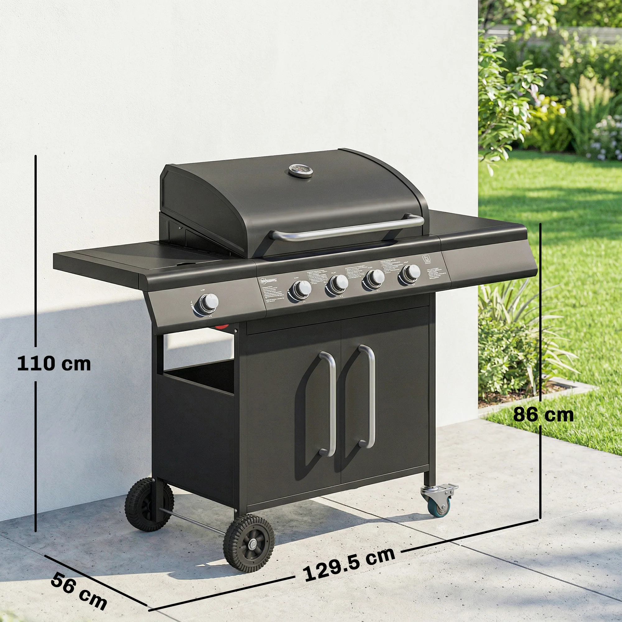 Outsunny Burner Gas BBQ Grill, Gas Barbecue Trolley With Side Table, Black - Image 3