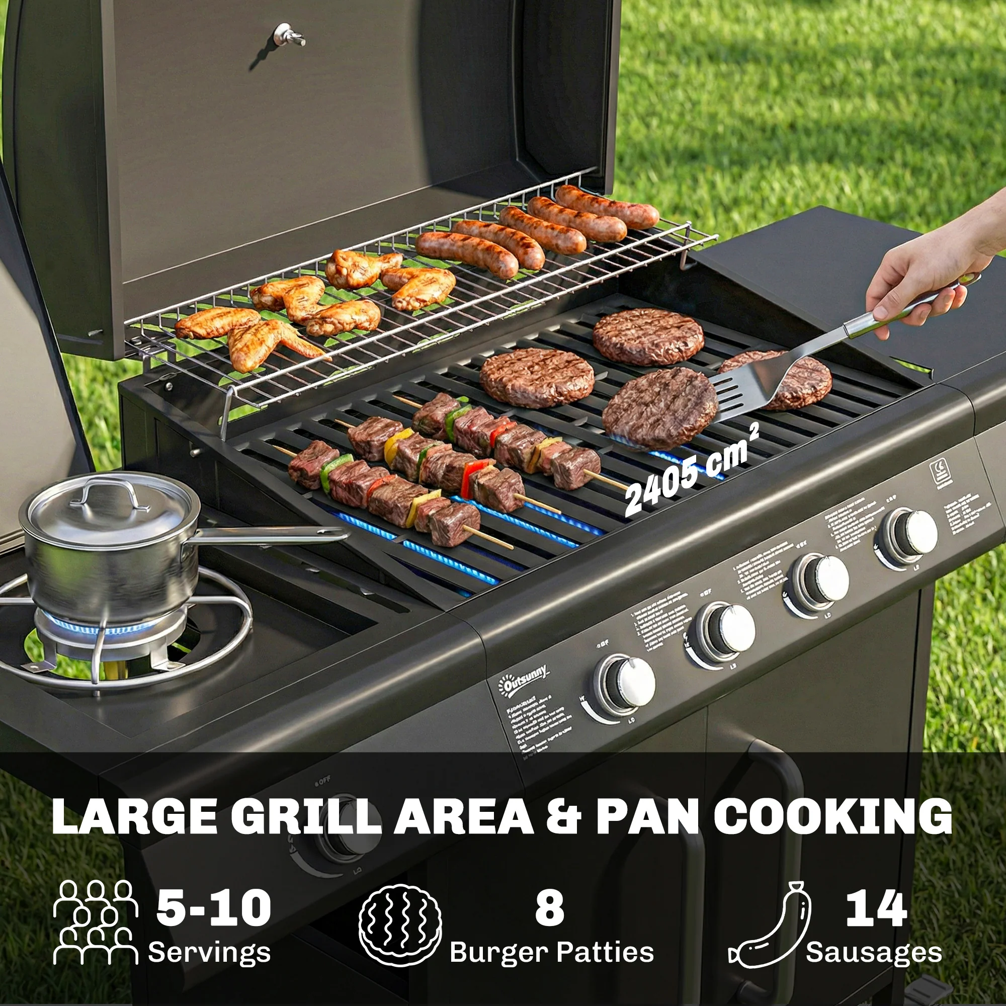 Outsunny Burner Gas BBQ Grill, Gas Barbecue Trolley With Side Table, Black - Image 4