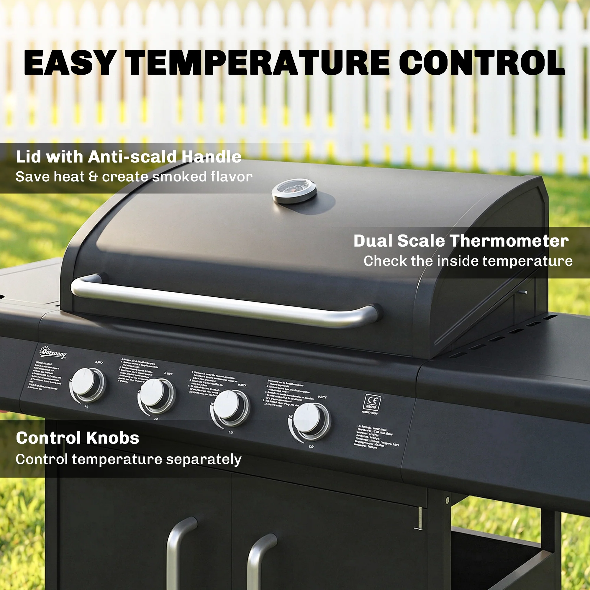 Outsunny Burner Gas BBQ Grill, Gas Barbecue Trolley With Side Table, Black - Image 5