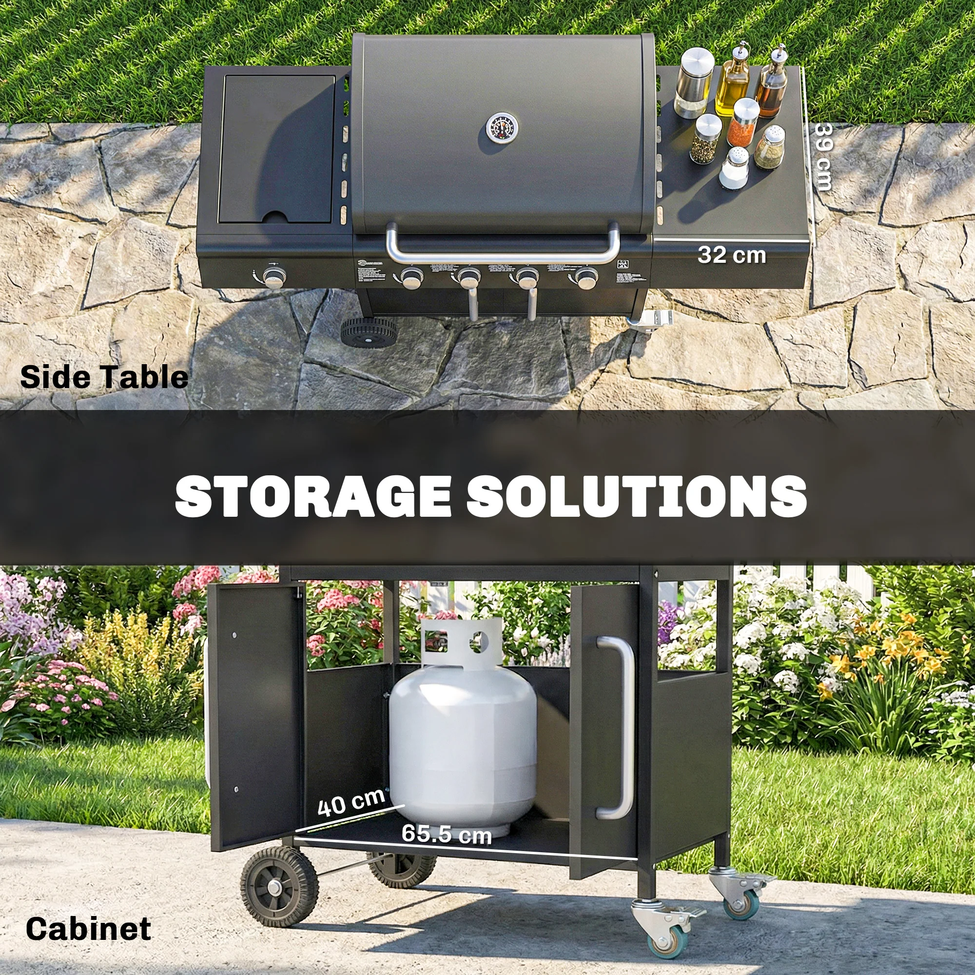 Outsunny Burner Gas BBQ Grill, Gas Barbecue Trolley With Side Table, Black - Image 6