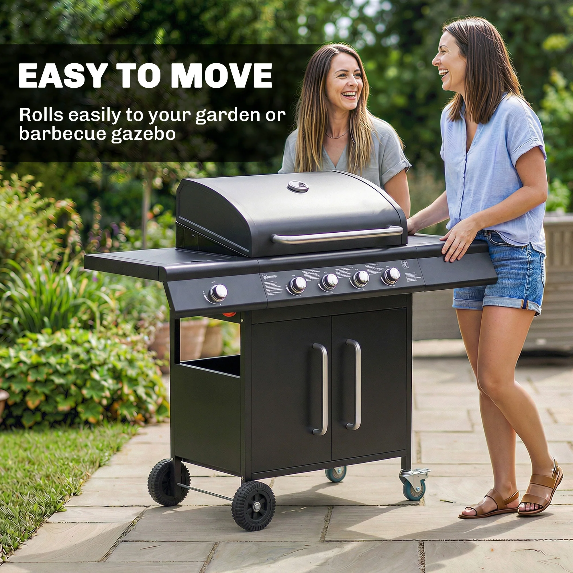 Outsunny Burner Gas BBQ Grill, Gas Barbecue Trolley With Side Table, Black - Image 8