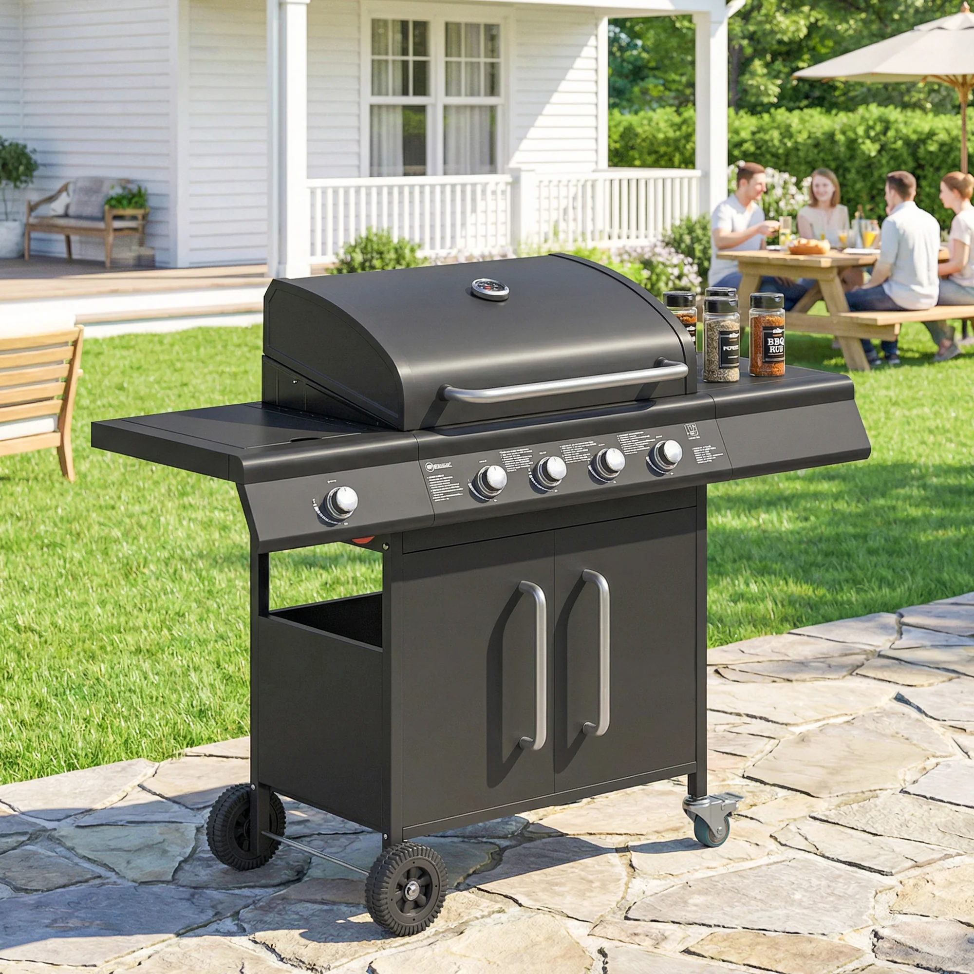 Outsunny Burner Gas BBQ Grill, Gas Barbecue Trolley With Side Table, Black - Image 9