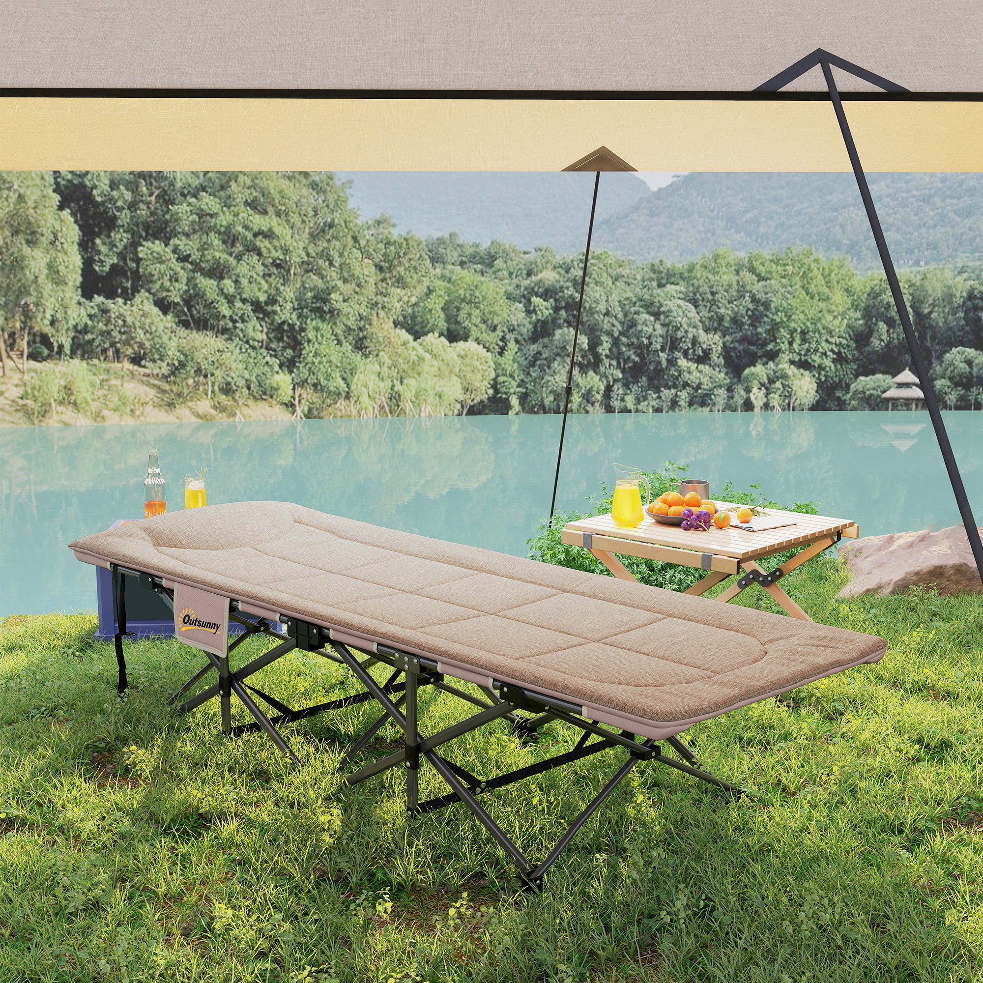 Outsunny Camping Bed For Adults With Cushion, Headrest, Side Pocket - Khaki/Grey - Image 18
