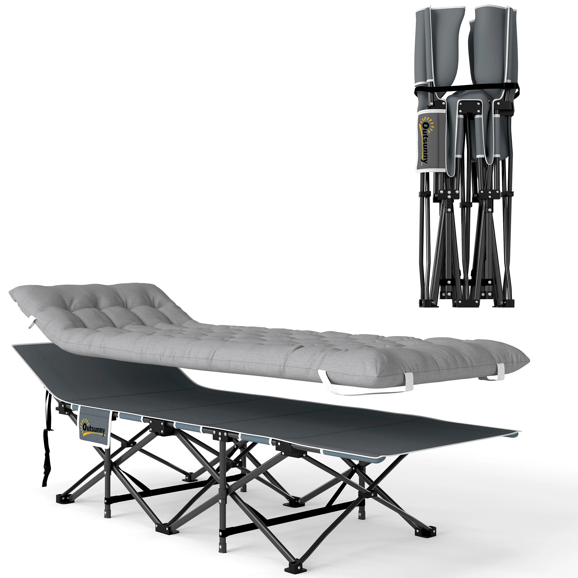 Outsunny Camping Bed For Adults With Mattress Folding Cot Light Grey