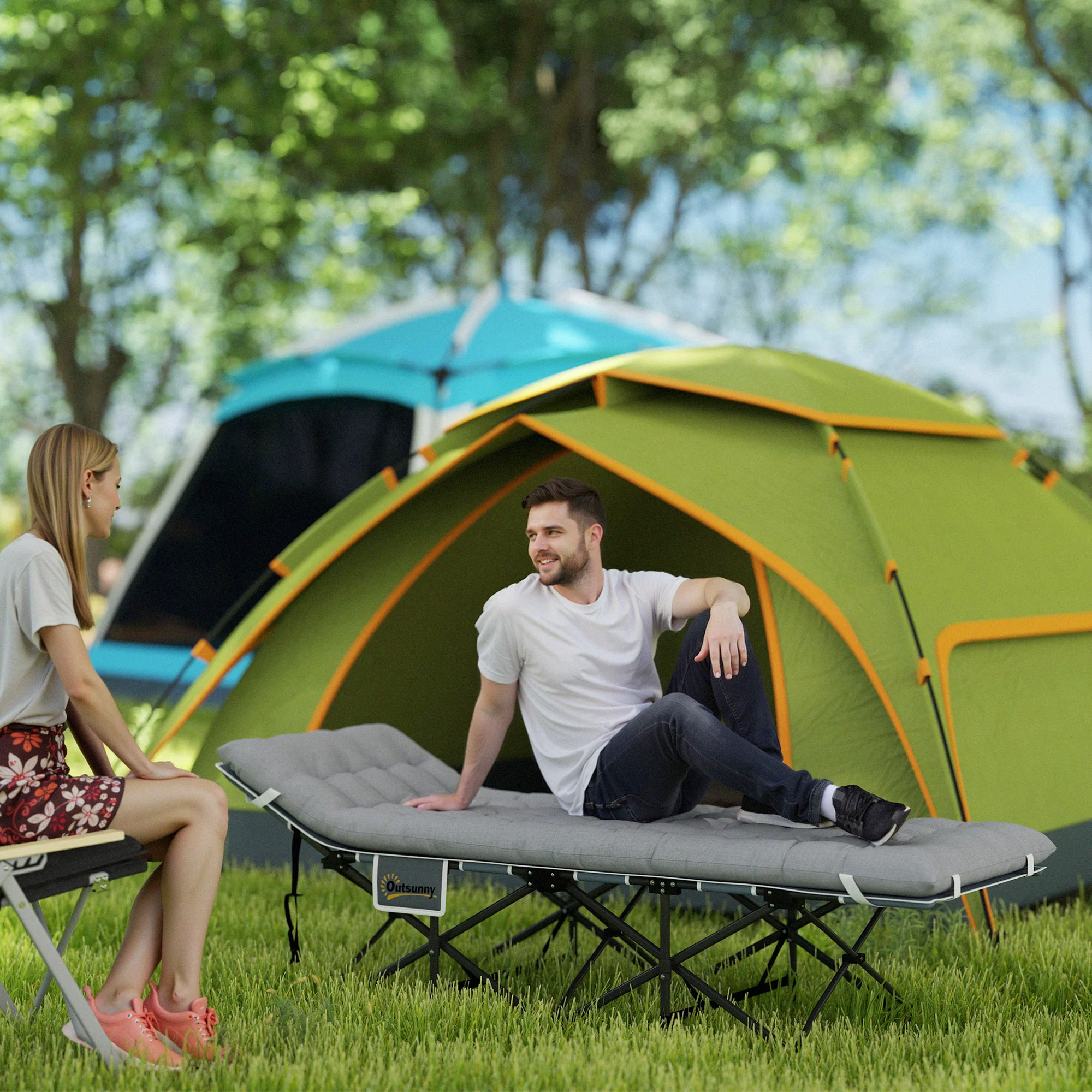 Outsunny Camping Bed For Adults With Mattress Folding Cot Light Grey - Image 2