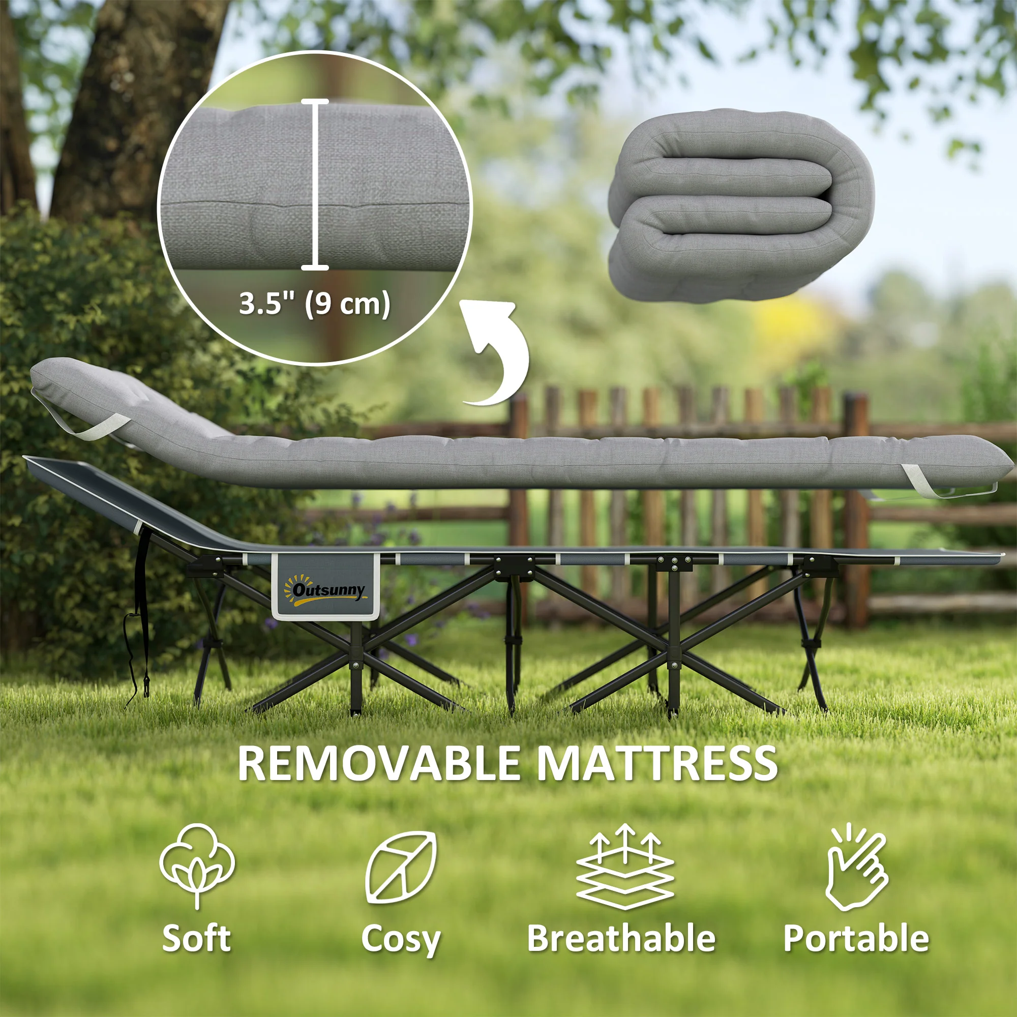 Outsunny Camping Bed For Adults With Mattress Folding Cot Light Grey - Image 4