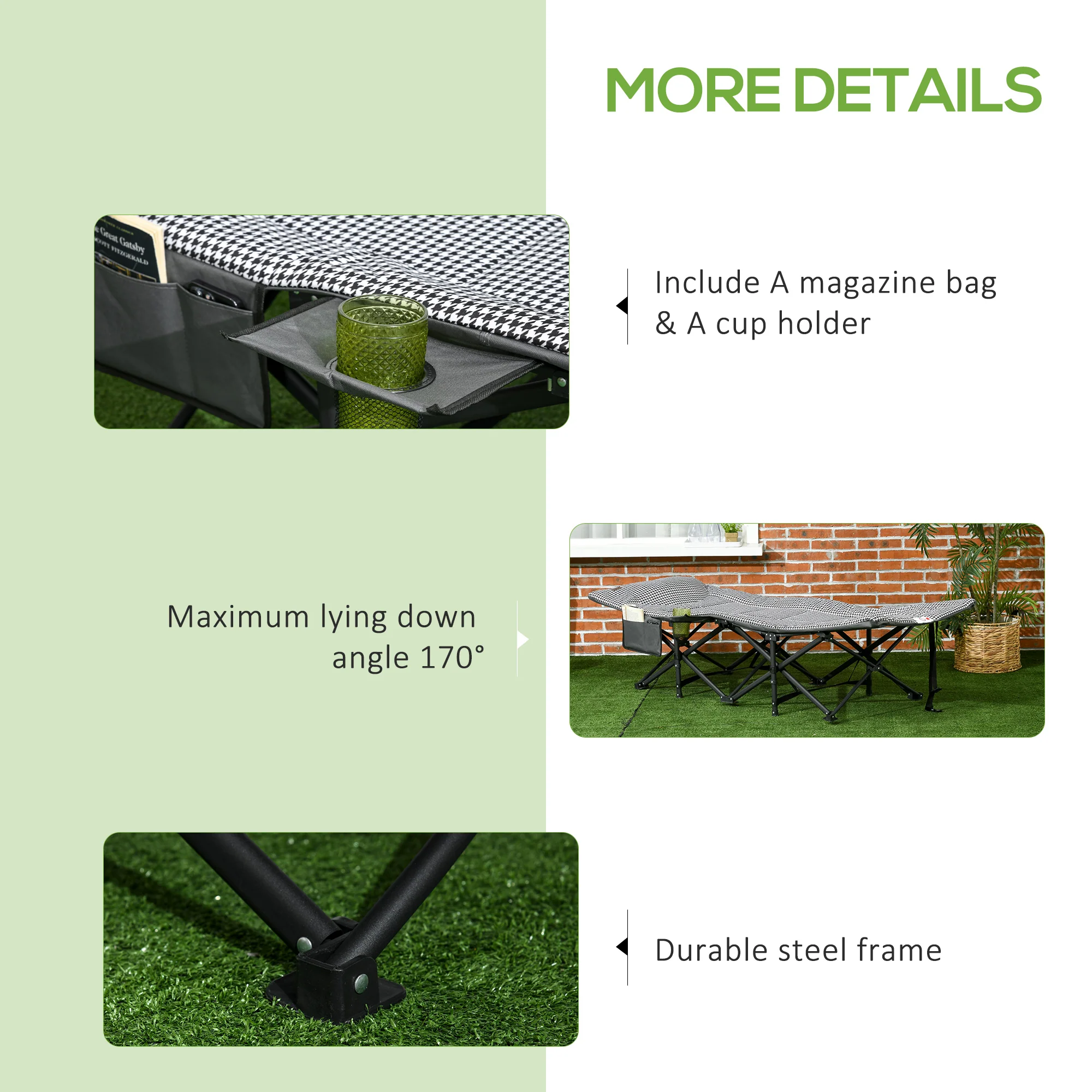 Outsunny Camping Bed w/ Carry Bag, Magazine Bag & Cup Holder, Black - Image 6
