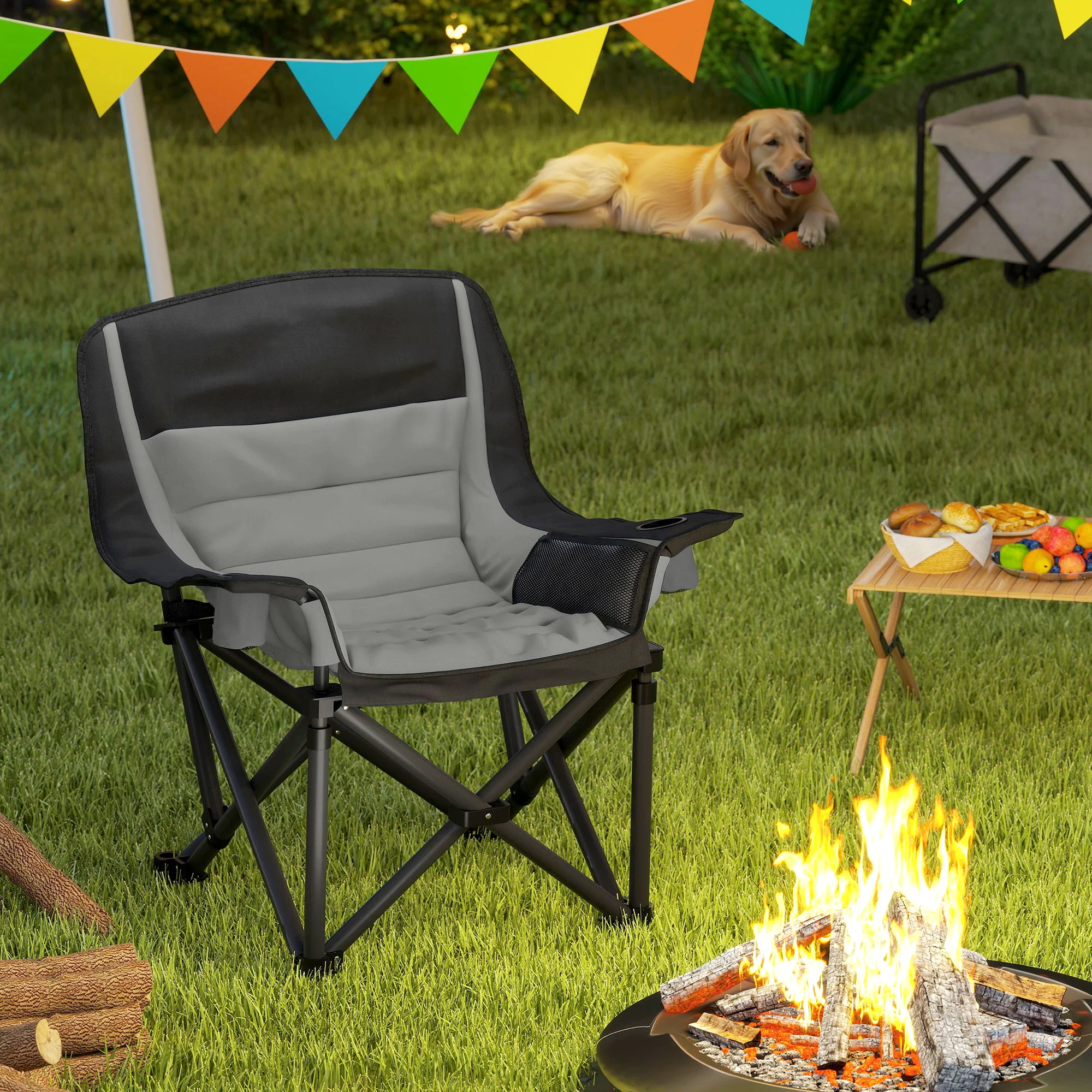 Outsunny Camping Chair For Adults, Padded Folding Chair - Green/Grey - Image 11