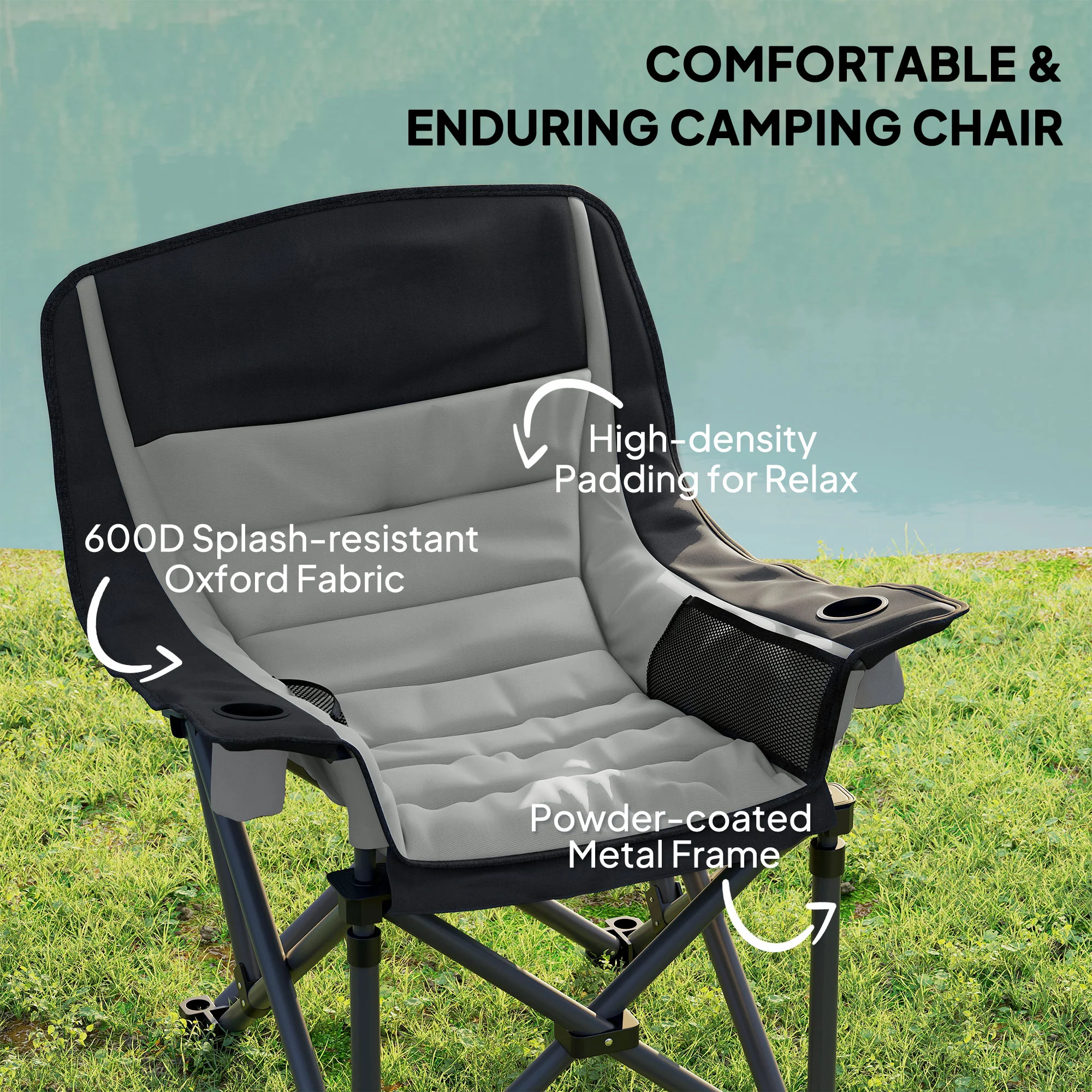 Outsunny Camping Chair For Adults, Padded Folding Chair - Green/Grey - Image 12
