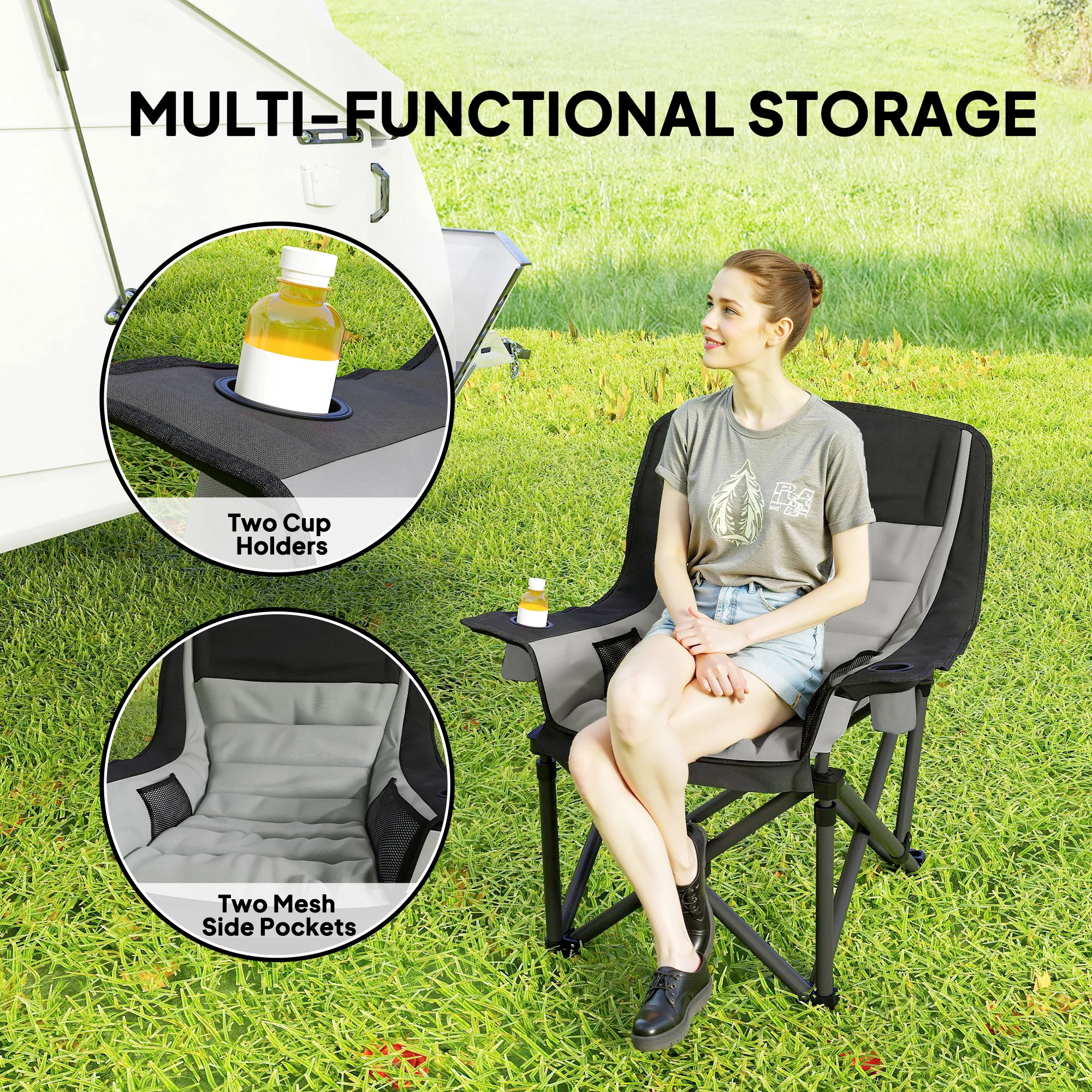 Outsunny Camping Chair For Adults, Padded Folding Chair - Green/Grey - Image 13