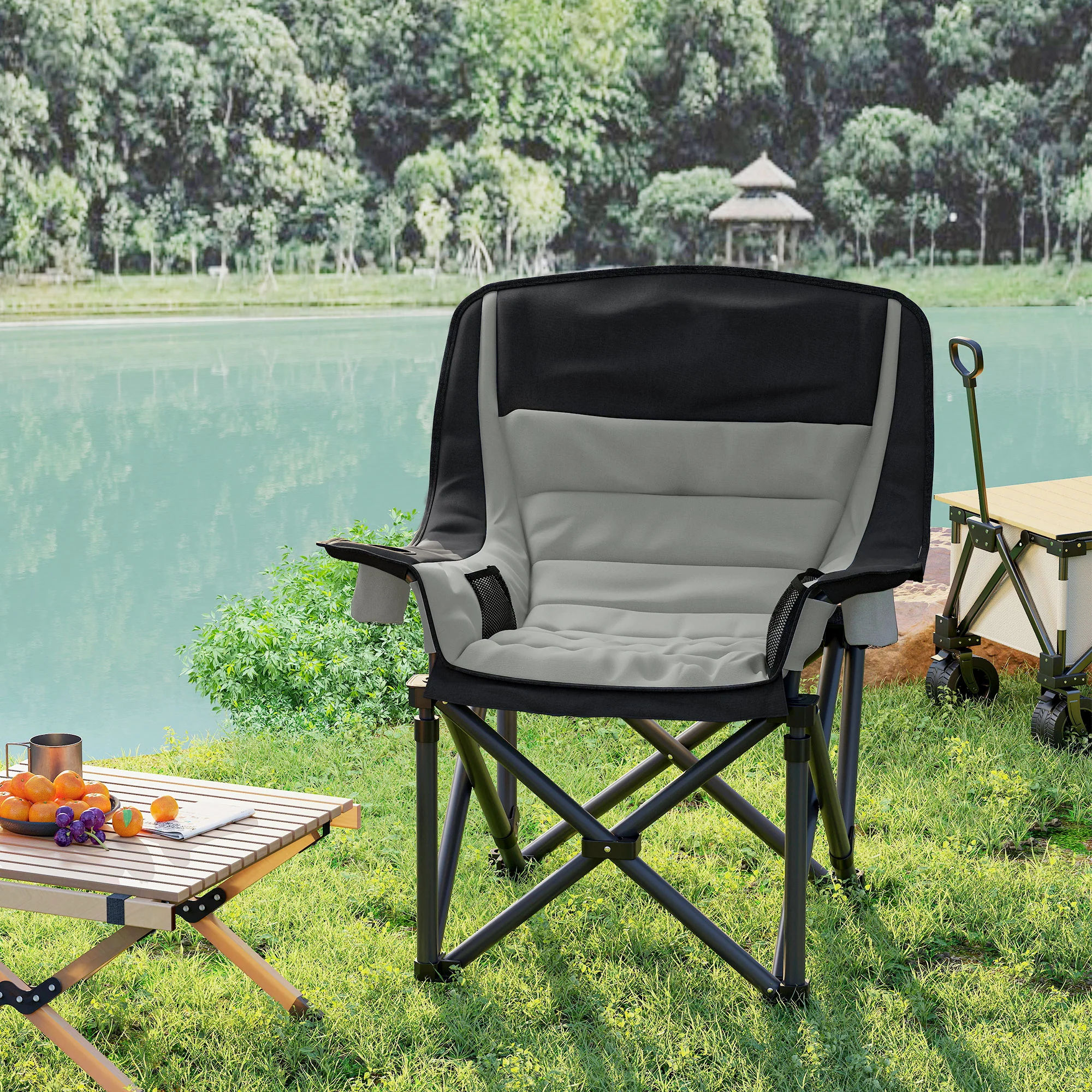 Outsunny Camping Chair For Adults, Padded Folding Chair - Green/Grey - Image 16