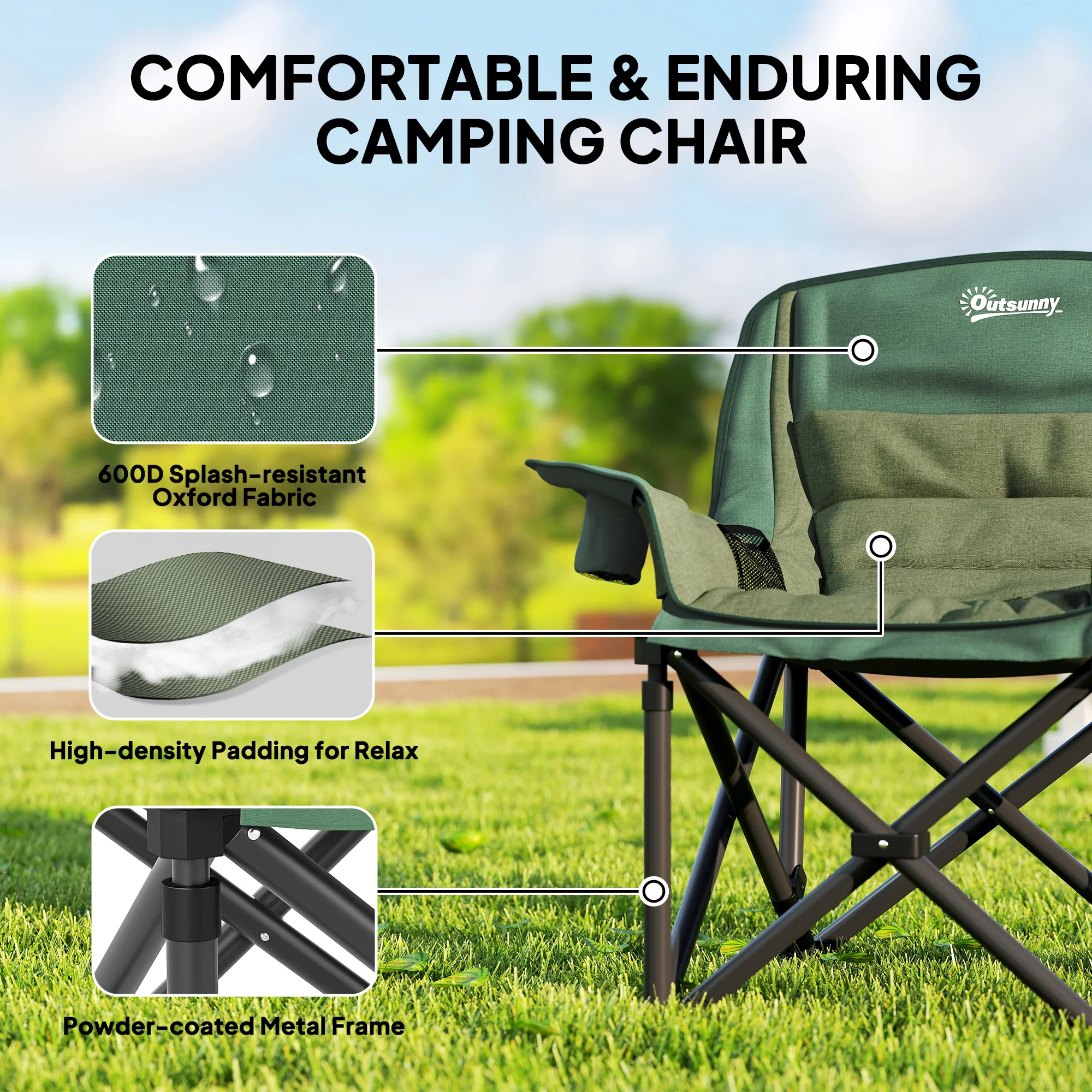 Outsunny Camping Chair For Adults, Padded Folding Chair - Green/Grey - Image 3