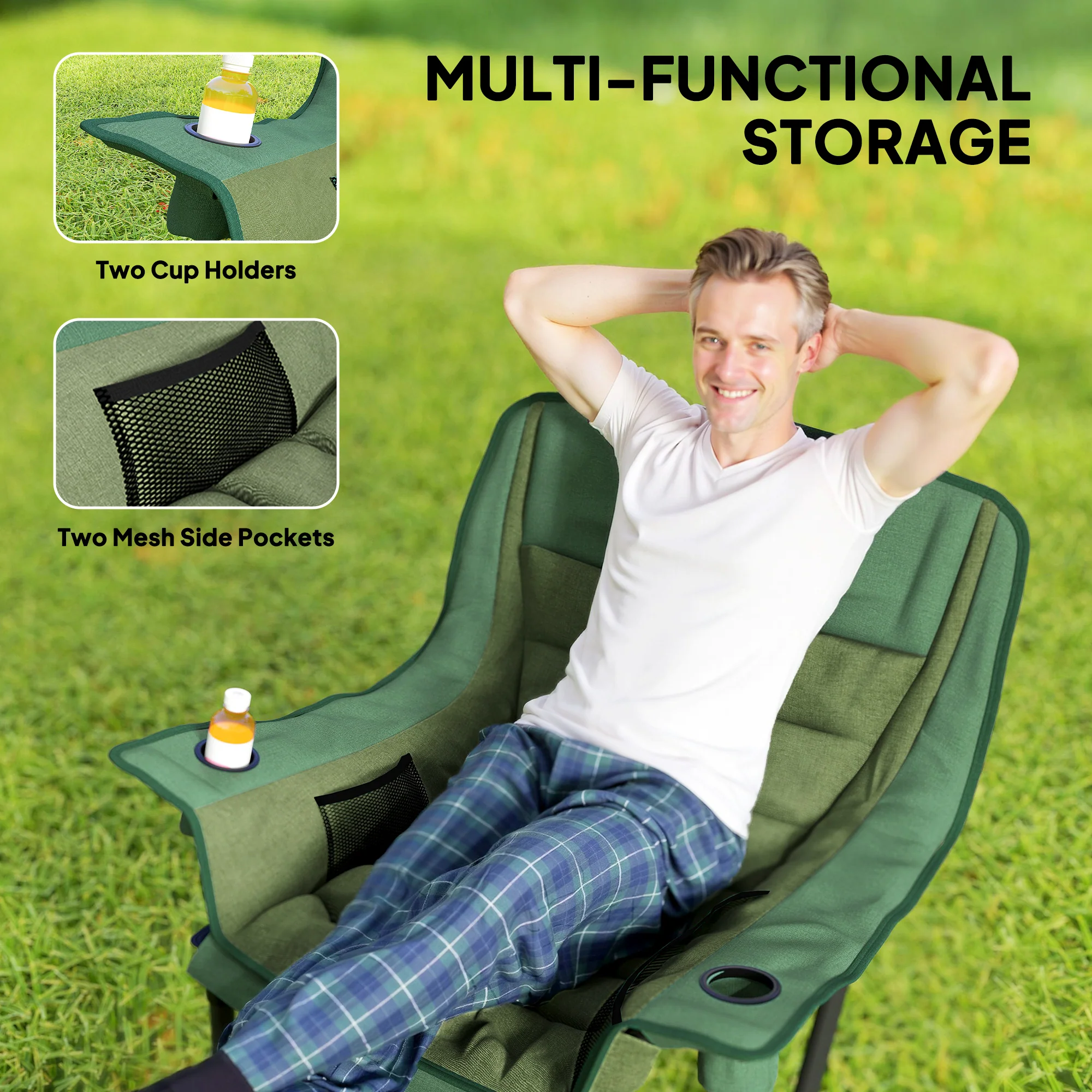 Outsunny Camping Chair For Adults, Padded Folding Chair - Green/Grey - Image 4