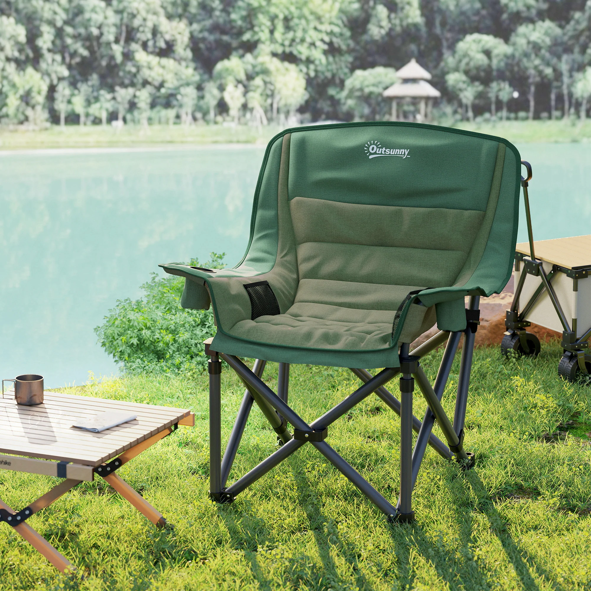 Outsunny Camping Chair For Adults, Padded Folding Chair - Green/Grey - Image 7