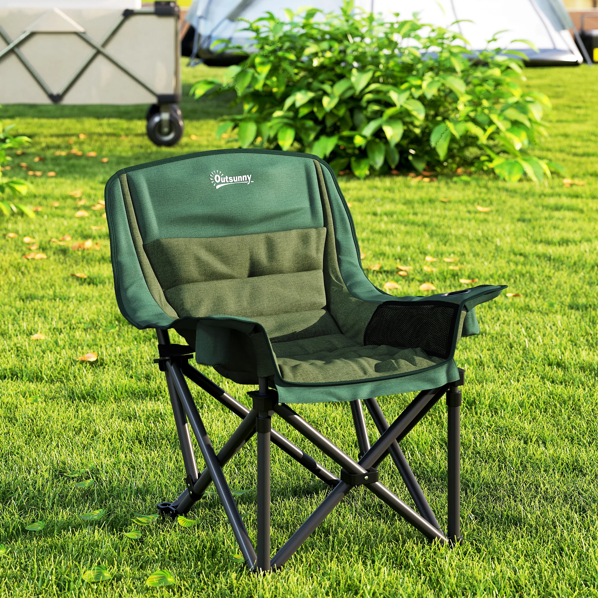 Outsunny Camping Chair For Adults, Padded Folding Chair - Green/Grey - Image 8