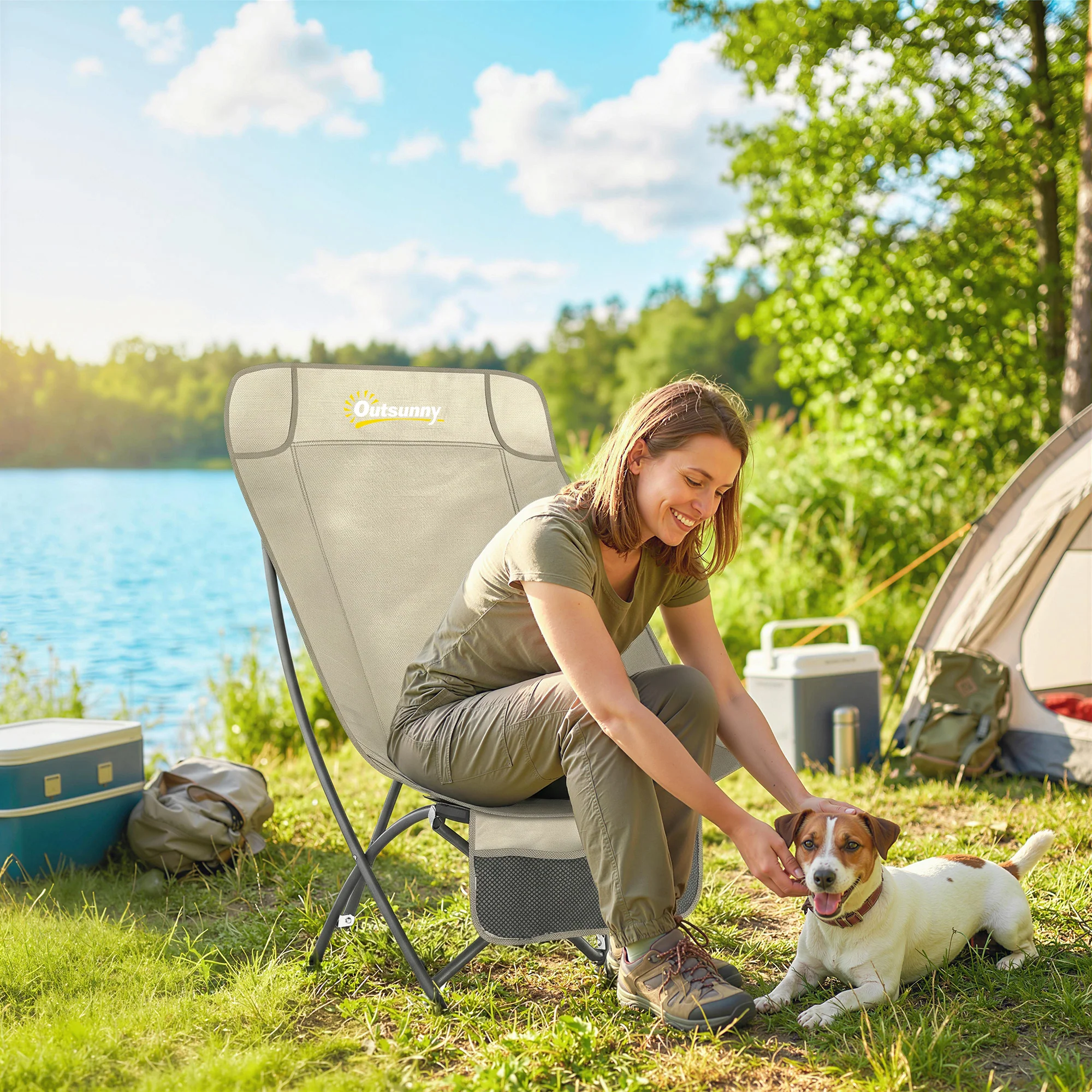 Outsunny Camping Chair Portable with Side Pocket Khaki - Image 2