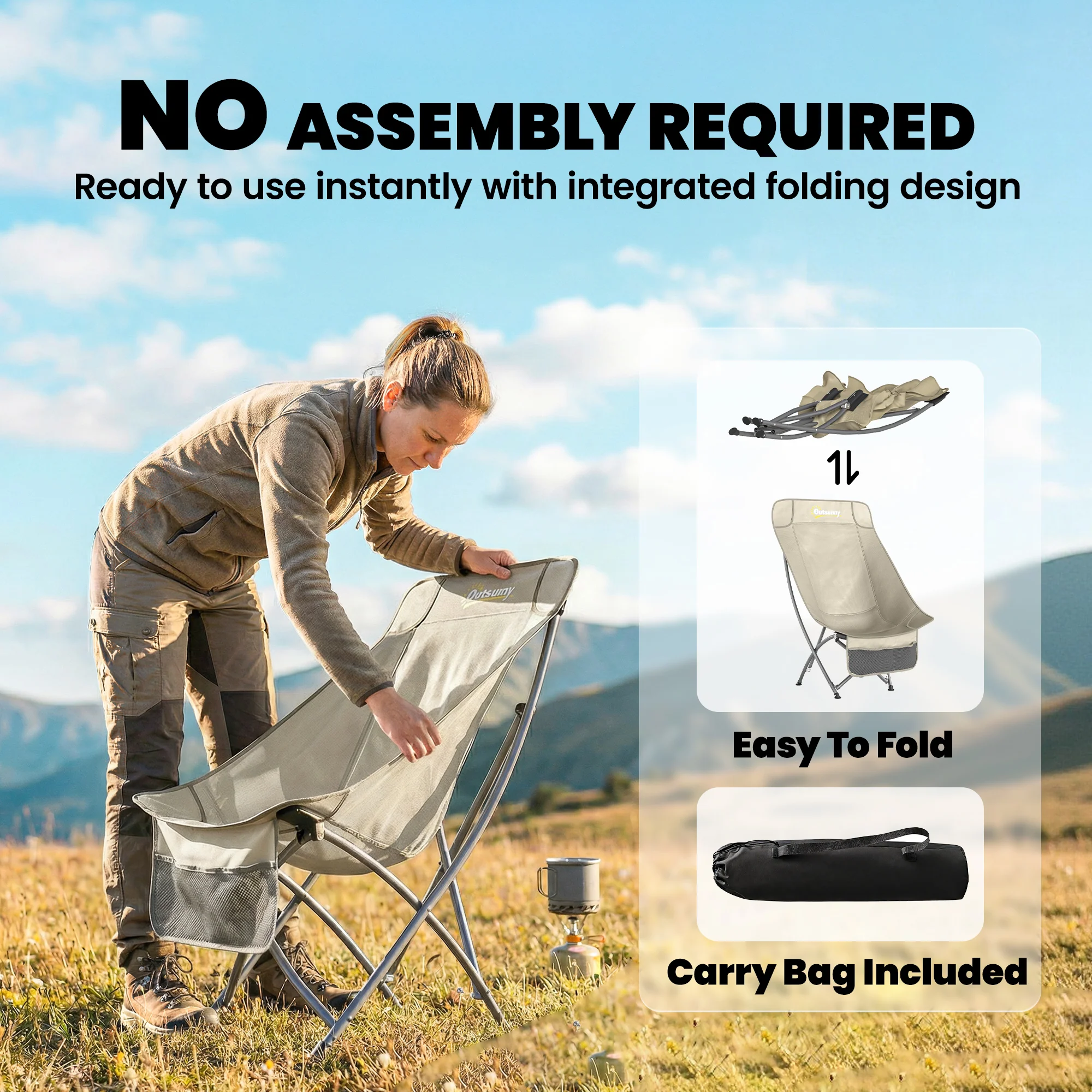 Outsunny Camping Chair Portable with Side Pocket Khaki - Image 4