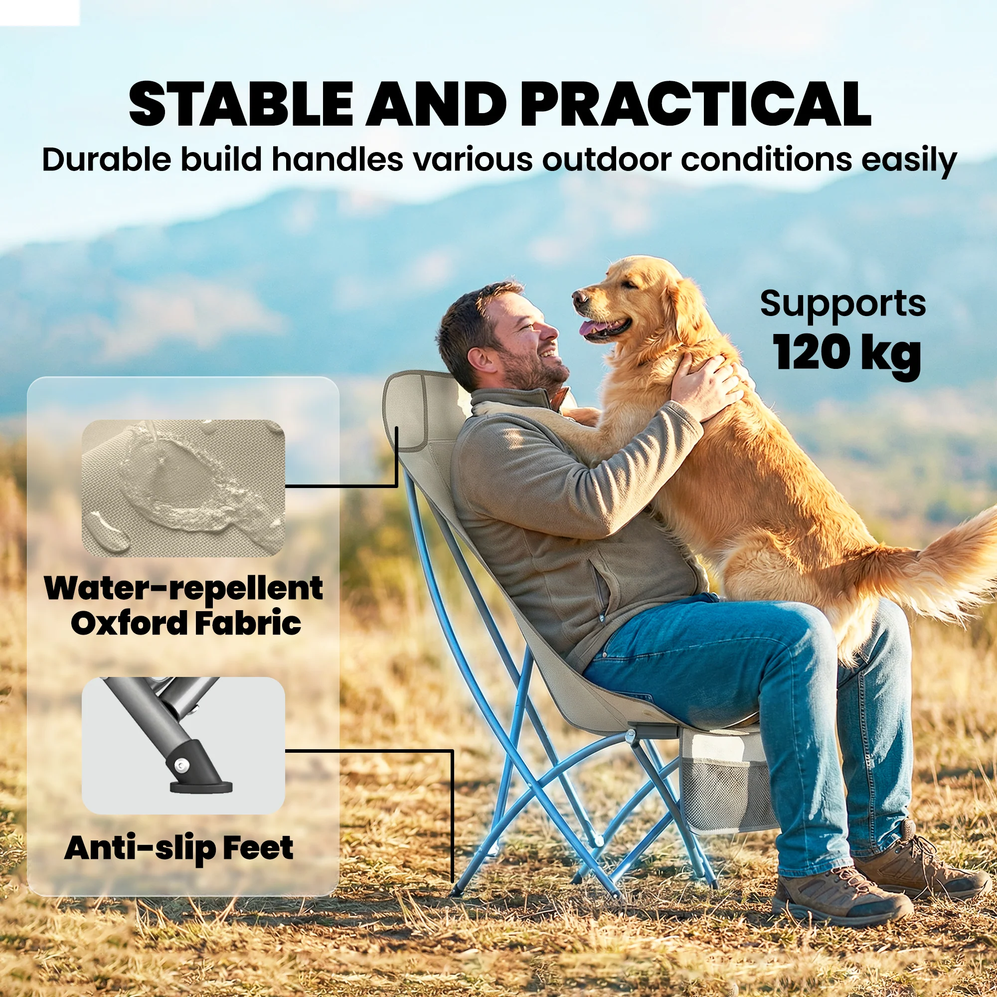Outsunny Camping Chair Portable with Side Pocket Khaki - Image 6
