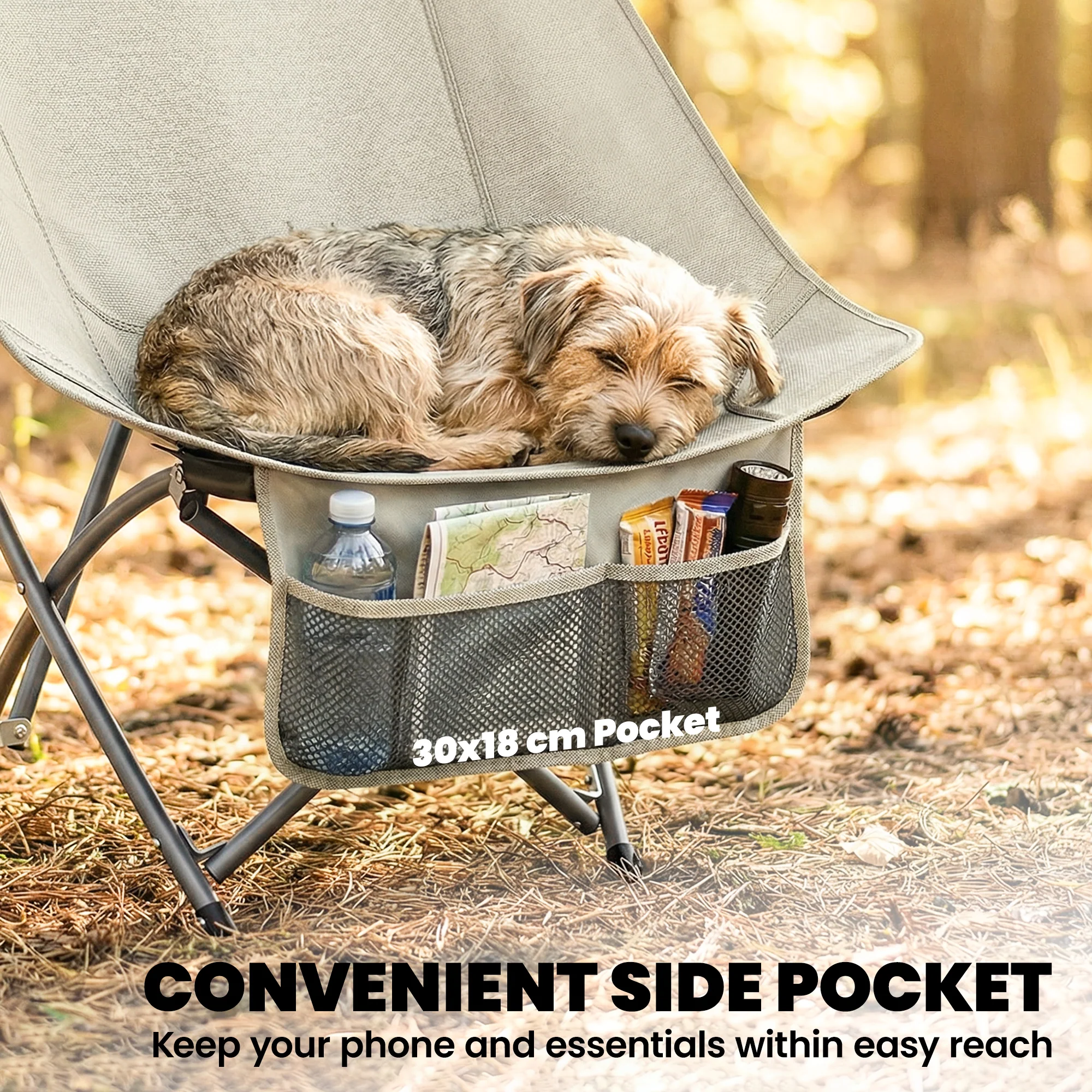 Outsunny Camping Chair Portable with Side Pocket Khaki - Image 7