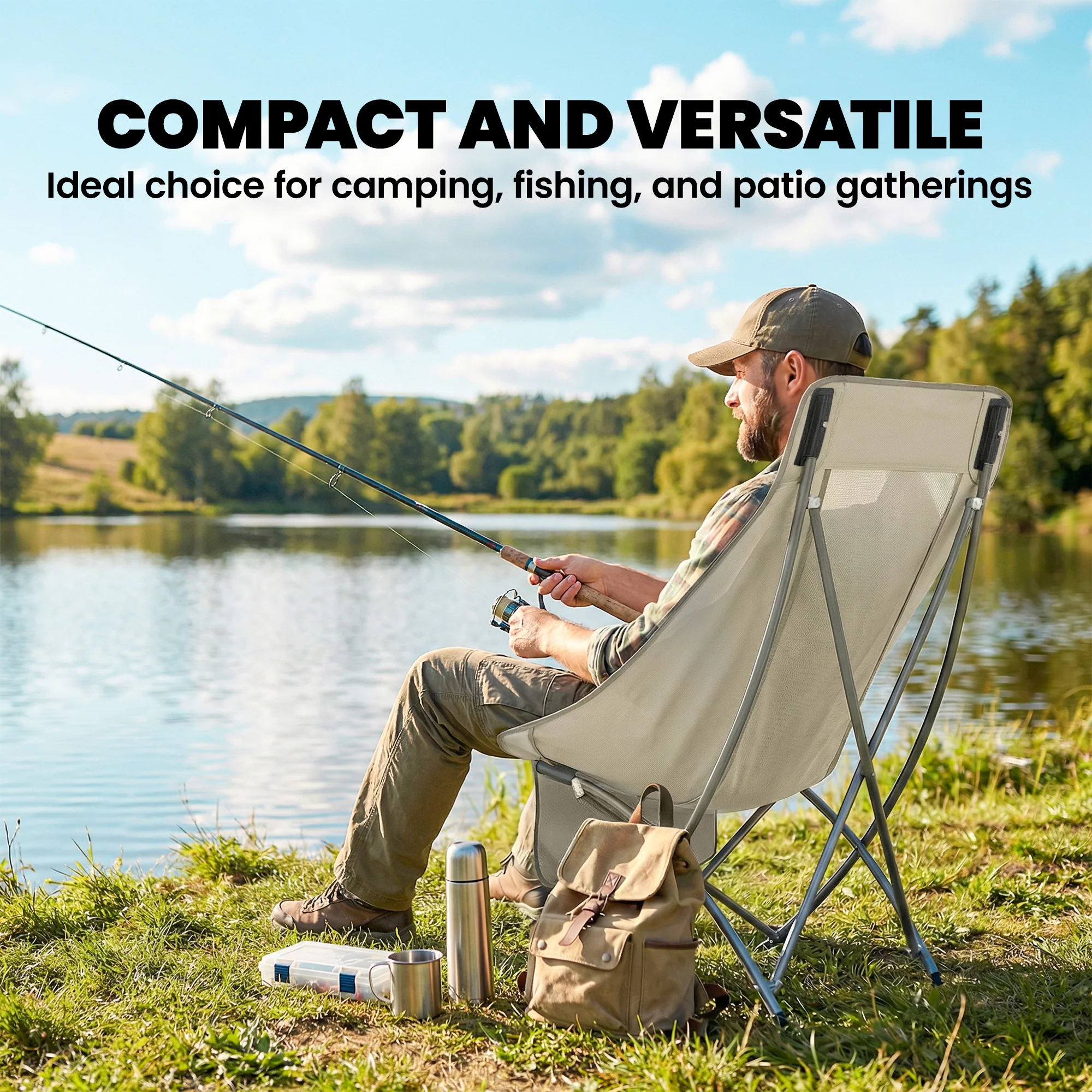 Outsunny Camping Chair Portable with Side Pocket Khaki - Image 8