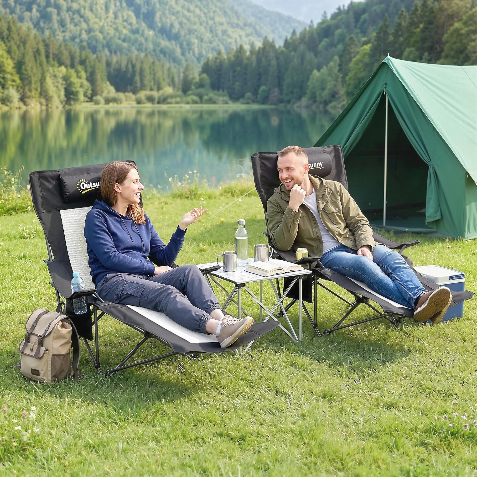 Outsunny Camping Chair Reclining Folding Portable Black - Image 2