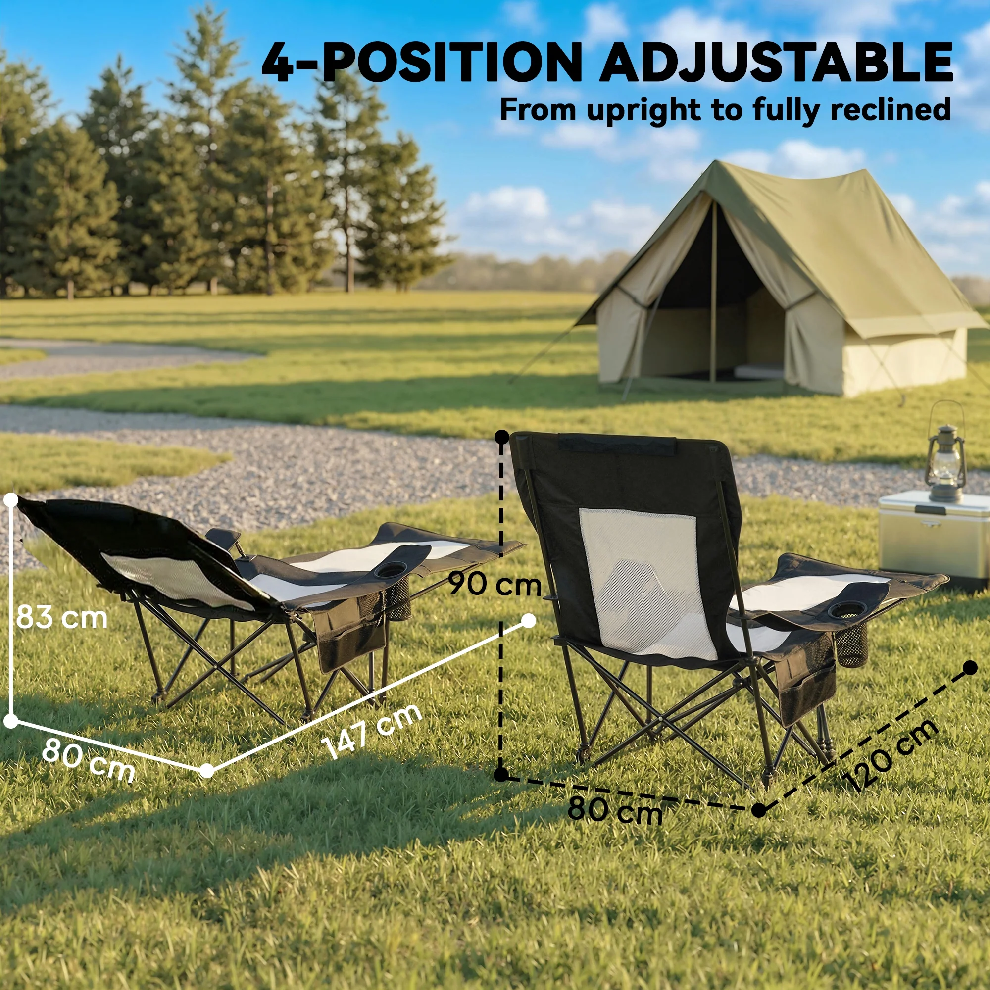 Outsunny Camping Chair Reclining Folding Portable Black - Image 4