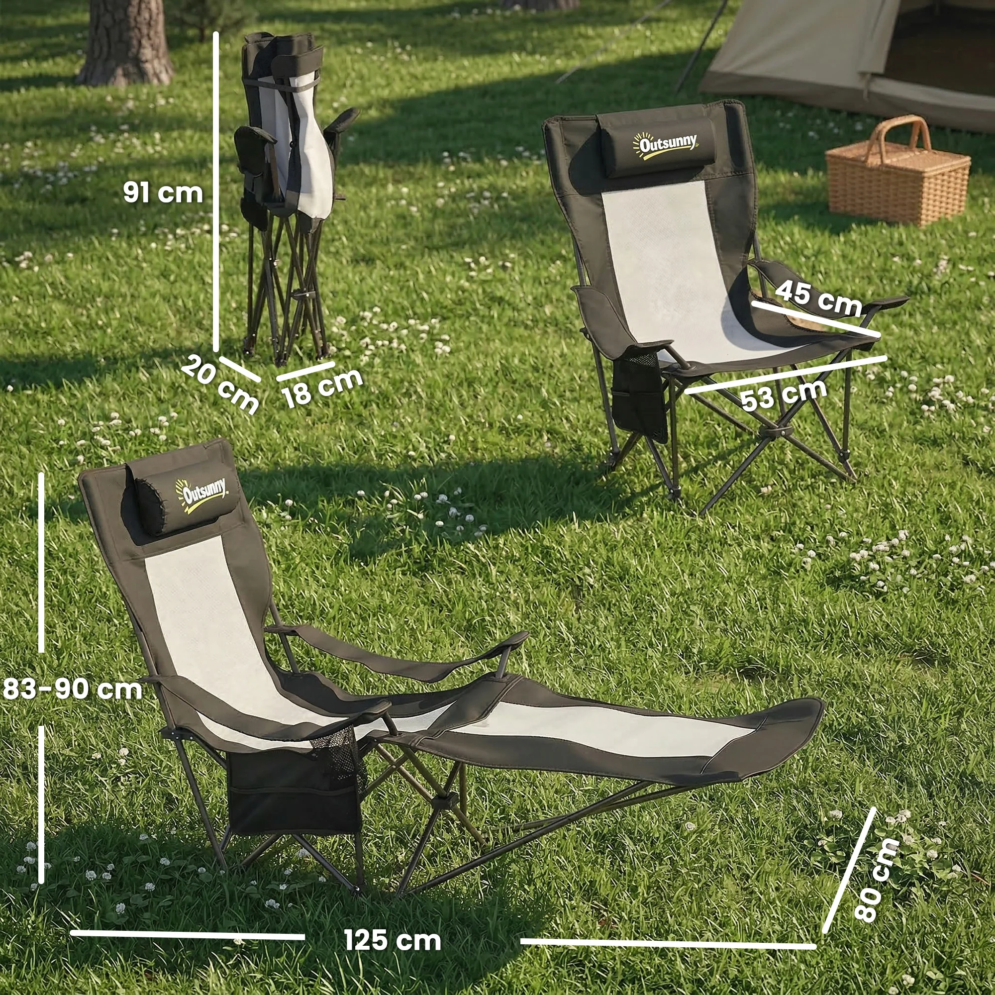 Outsunny Camping Chair Reclining Folding Portable Black - Image 5