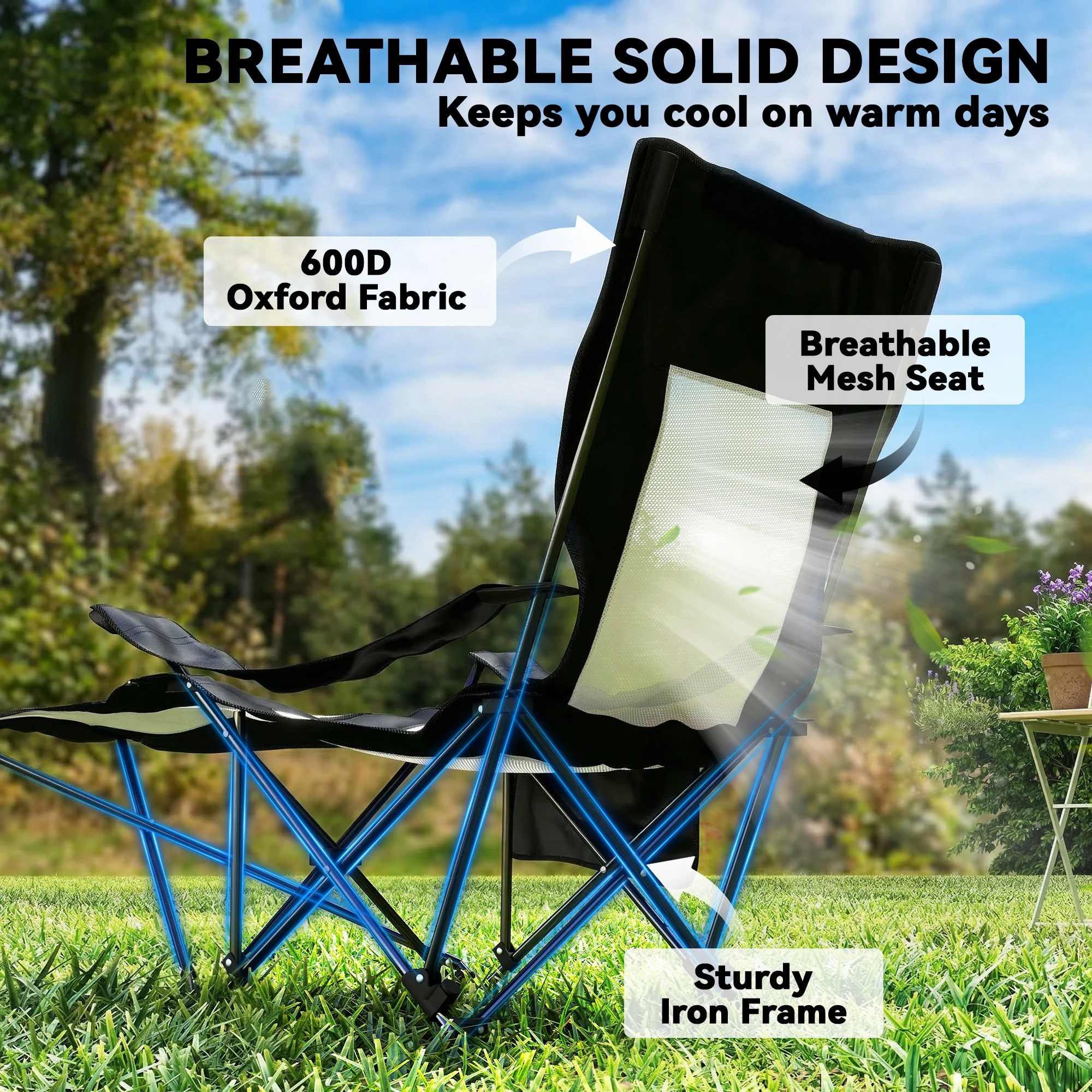 Outsunny Camping Chair Reclining Folding Portable Black - Image 7