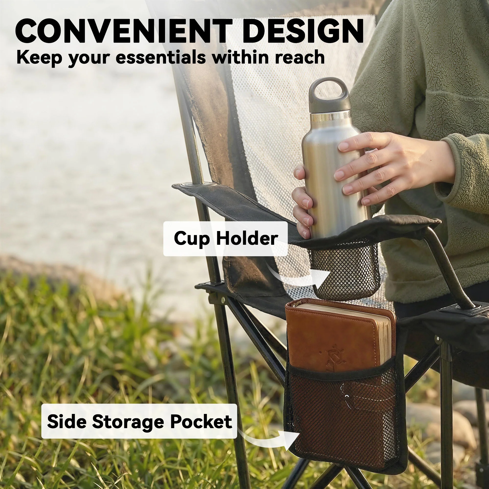 Outsunny Camping Chair Reclining Folding Portable Black - Image 8