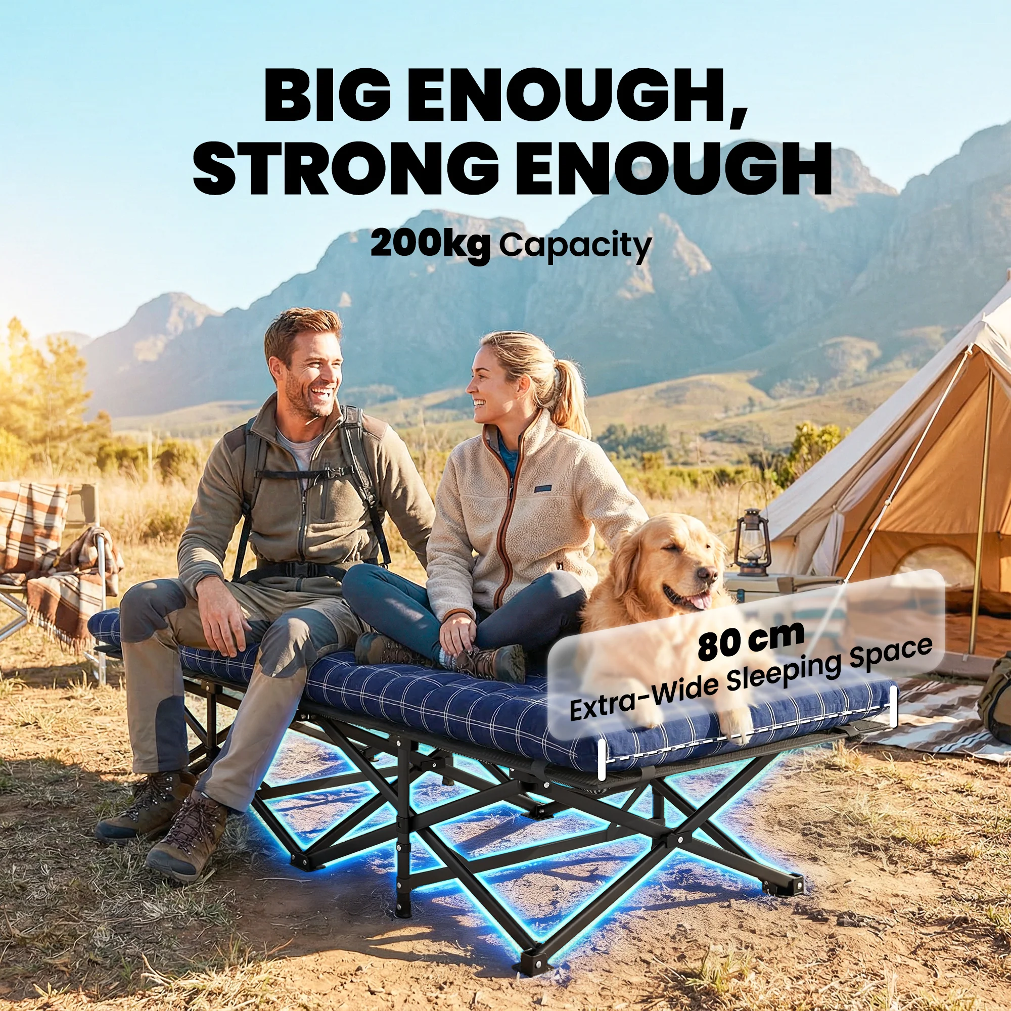 Outsunny Camping Cot Heavy Duty Folding Bed with Soft Pad Blue - Image 3