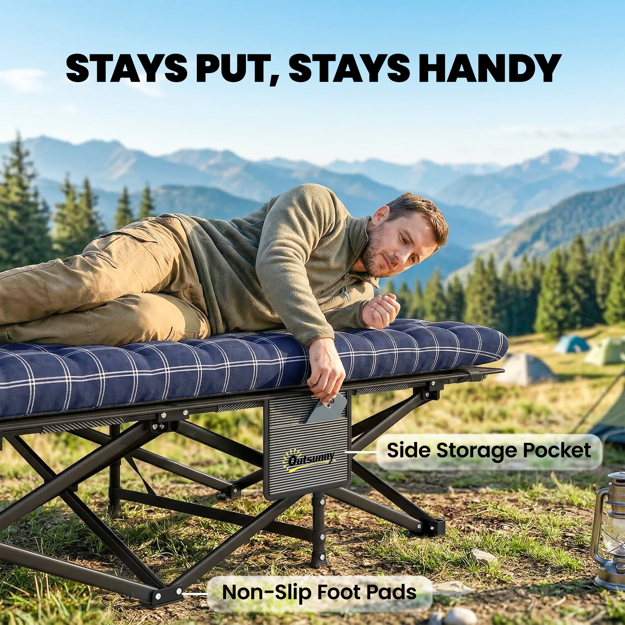 Outsunny Camping Cot Heavy Duty Folding Bed with Soft Pad Blue - Image 6