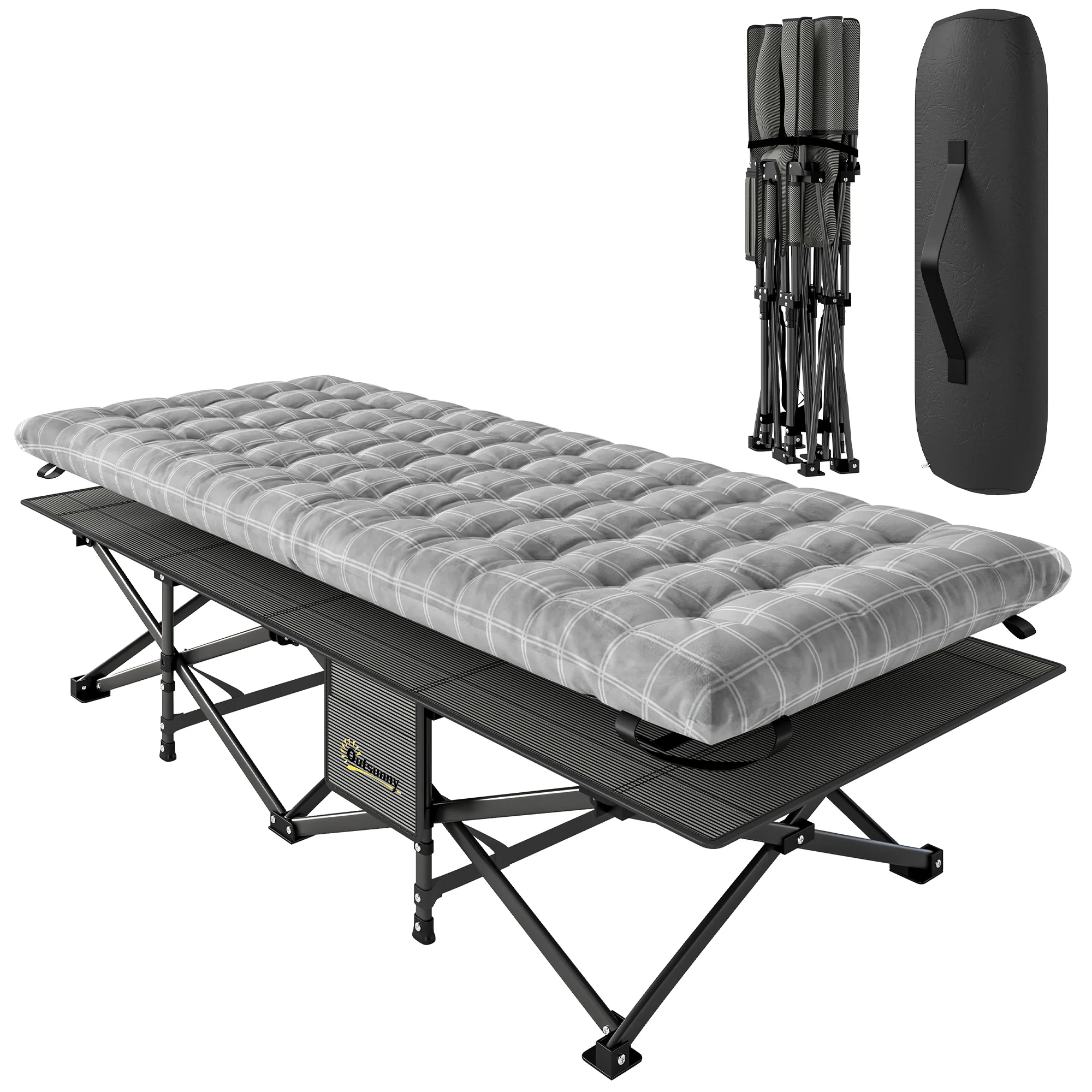 Outsunny Camping Cot Heavy Duty Folding Bed with Soft Pad Grey