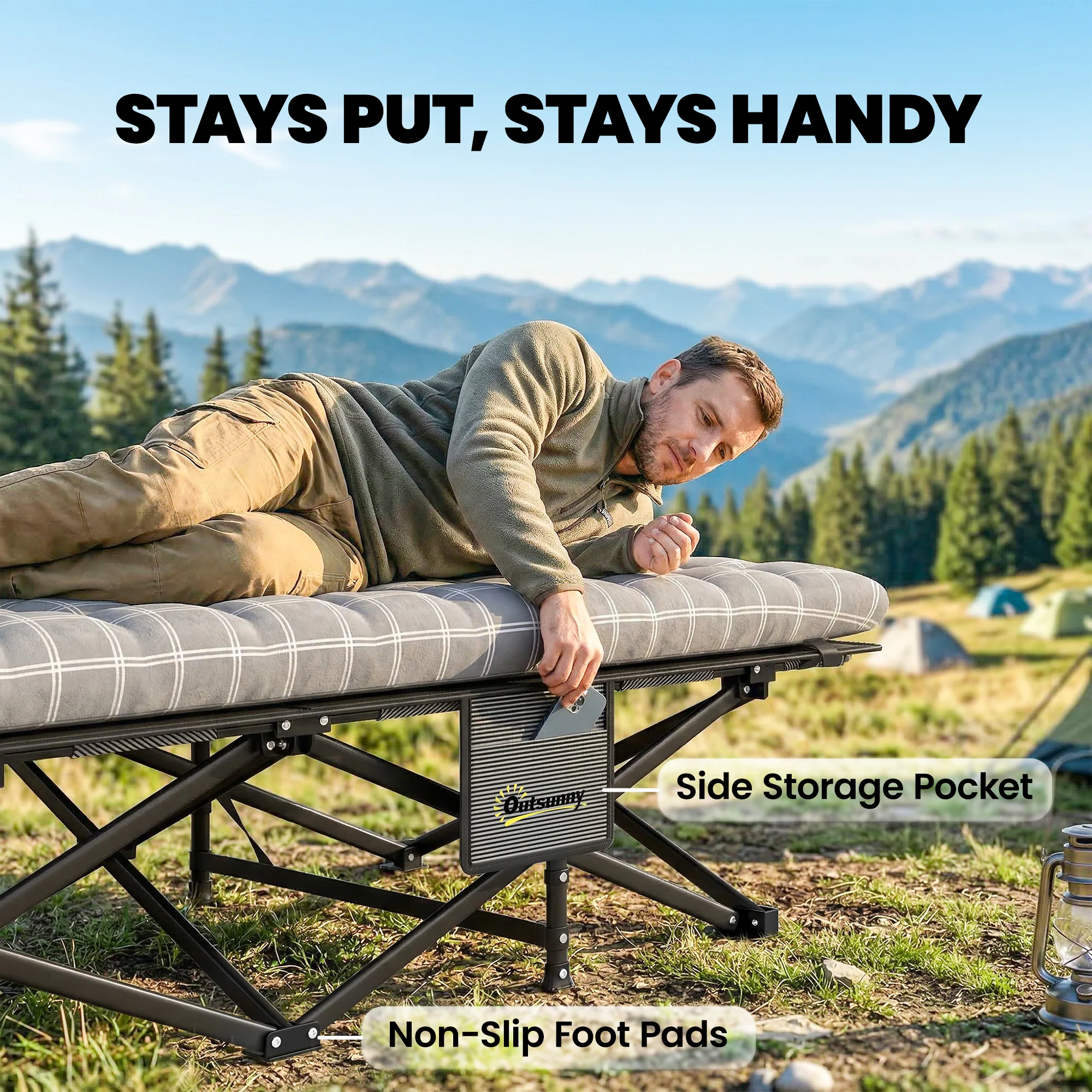 Outsunny Camping Cot Heavy Duty Folding Bed with Soft Pad Grey - Image 6