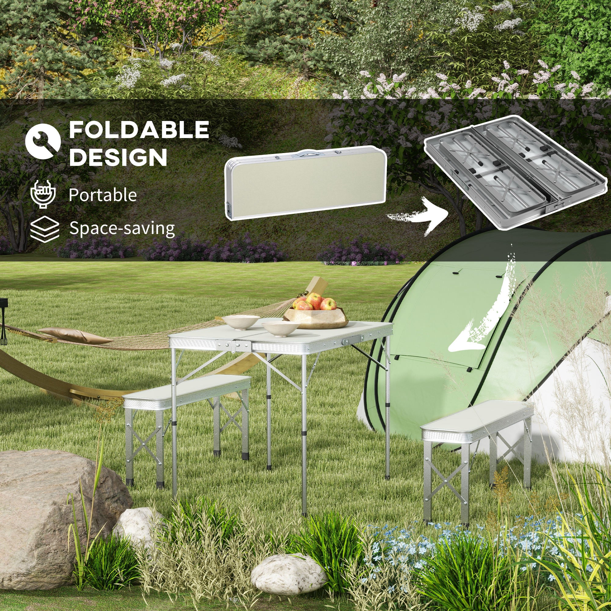 Outsunny Camping Picnic Table and 2 Benches Folding Aluminium Garden Table Set - Image 3