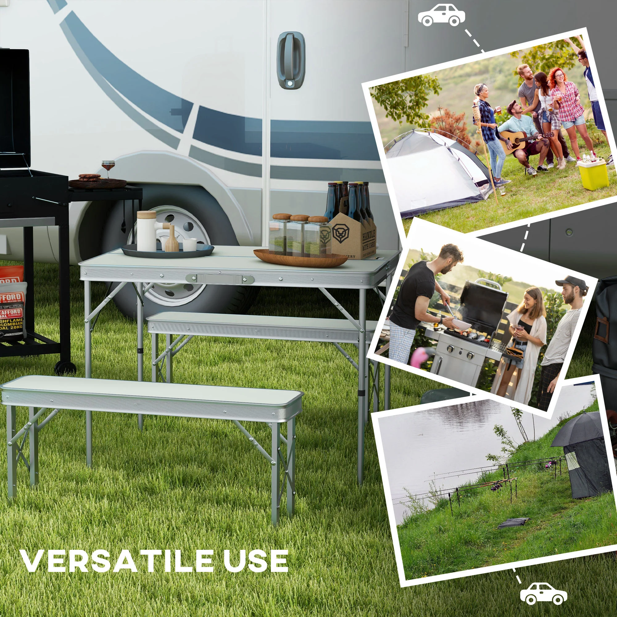 Outsunny Camping Picnic Table and 2 Benches Folding Aluminium Garden Table Set - Image 6