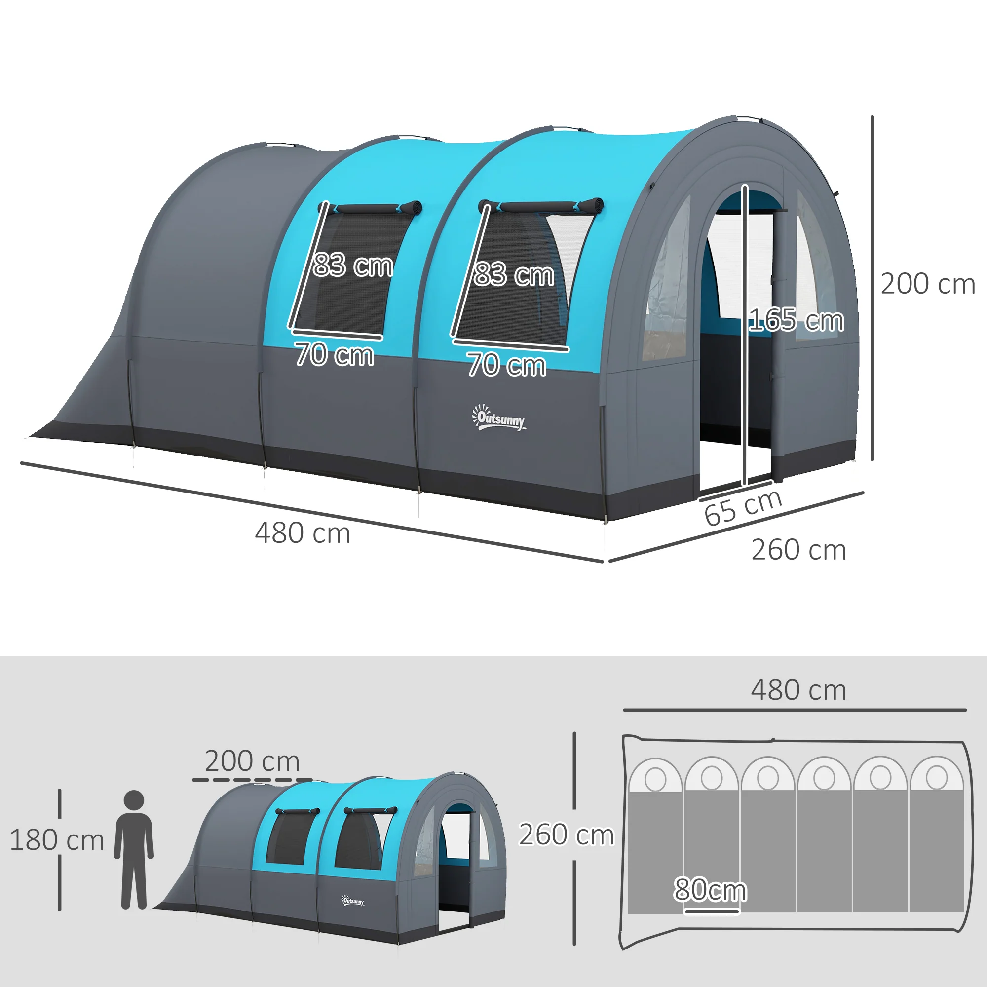 Outsunny Camping Tent, 3000mm Waterproof Family Tent for 5-6 Man, Grey and Blue - Image 5