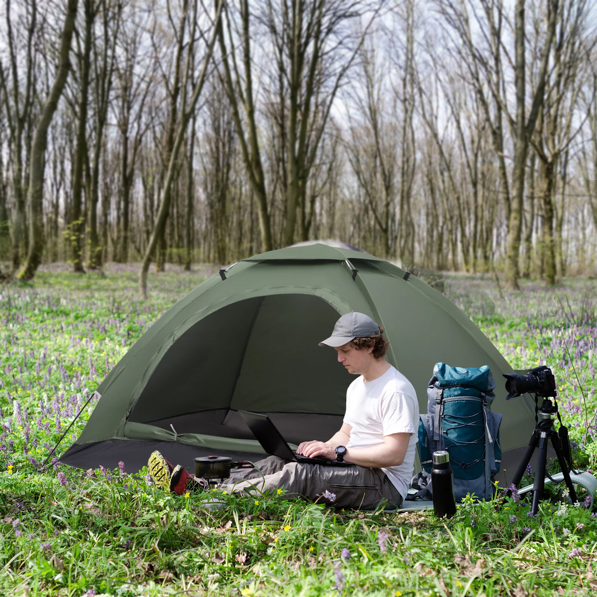 Outsunny Camping Tent for 2 Person Dome Tent w/ Storage Pocket Dark Green - Image 2