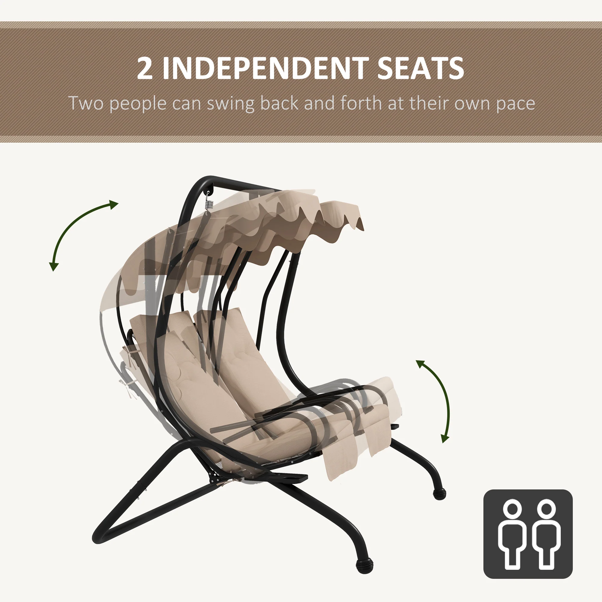 Outsunny Canopy Swing 2 Separate Relax Chairs w/ Handrails, Cup Holders Beige - Image 3