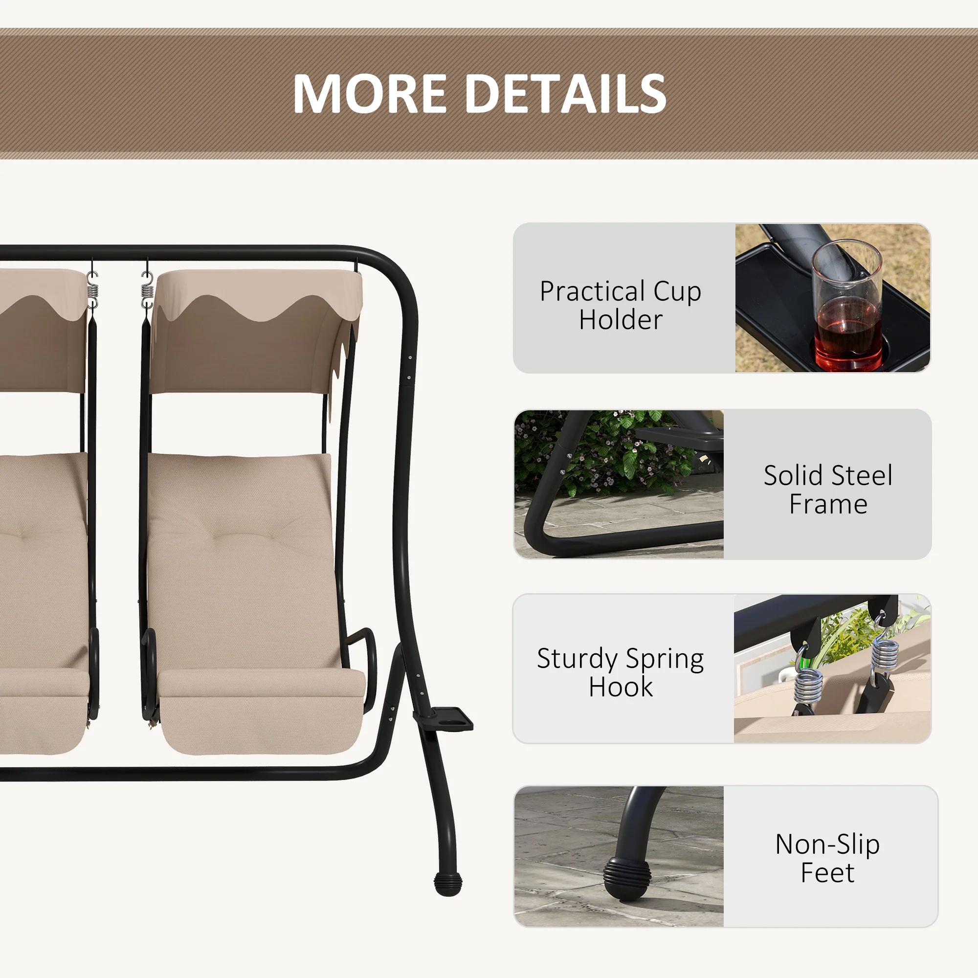 Outsunny Canopy Swing 2 Separate Relax Chairs w/ Handrails, Cup Holders Beige - Image 4