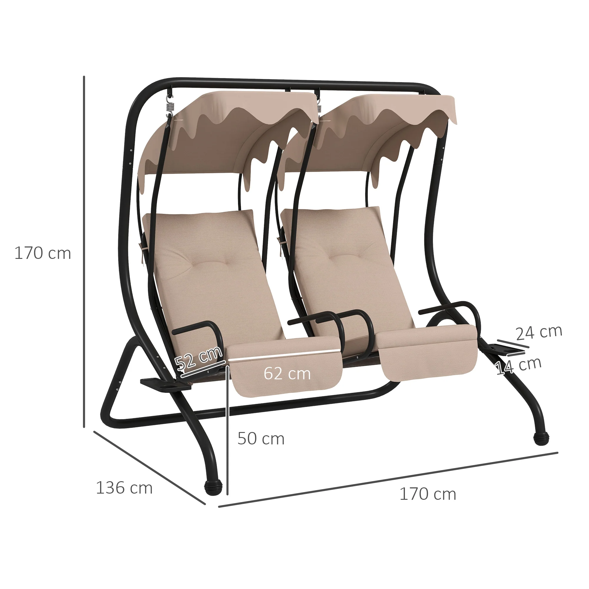 Outsunny Canopy Swing 2 Separate Relax Chairs w/ Handrails, Cup Holders Beige - Image 5