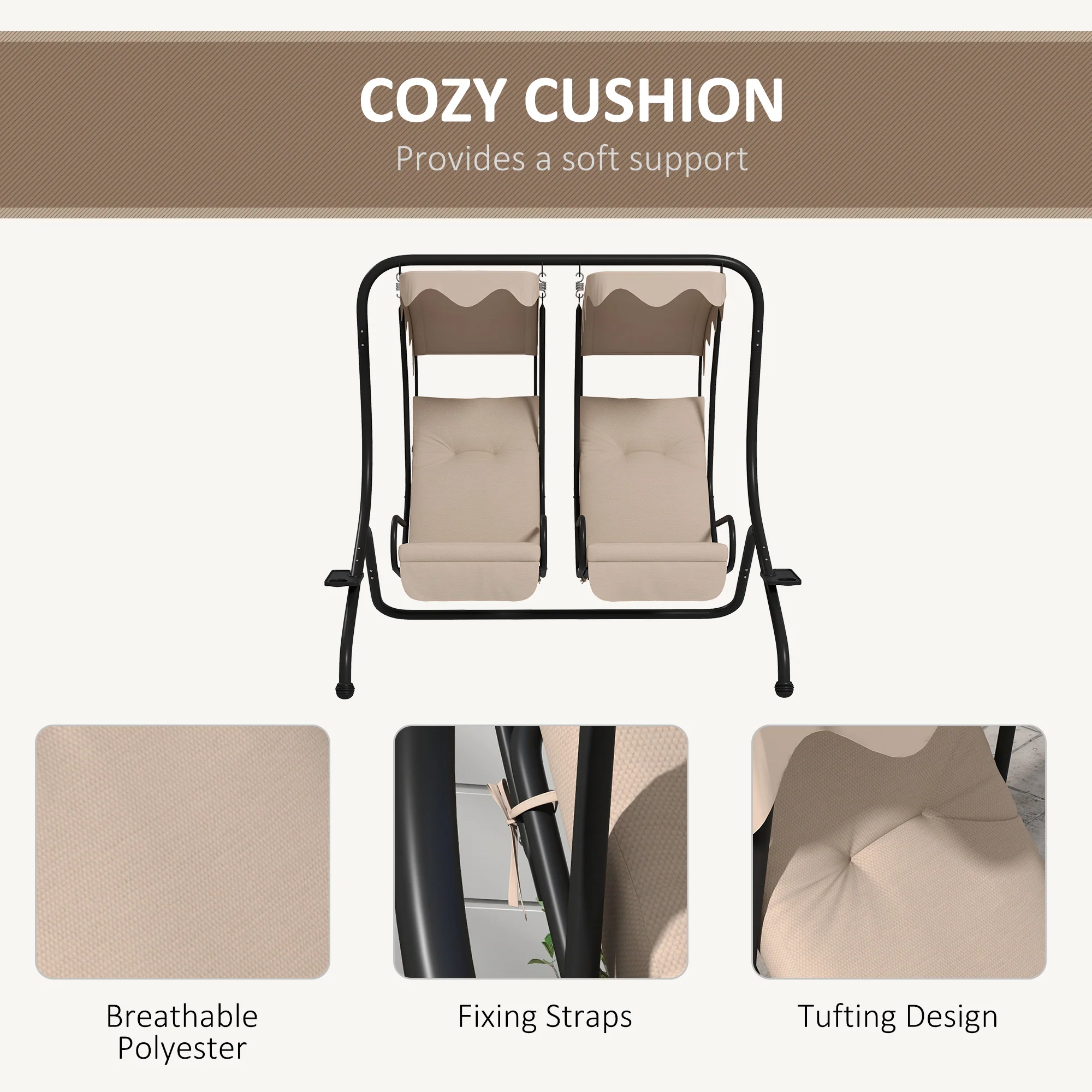 Outsunny Canopy Swing 2 Separate Relax Chairs w/ Handrails, Cup Holders Beige - Image 6