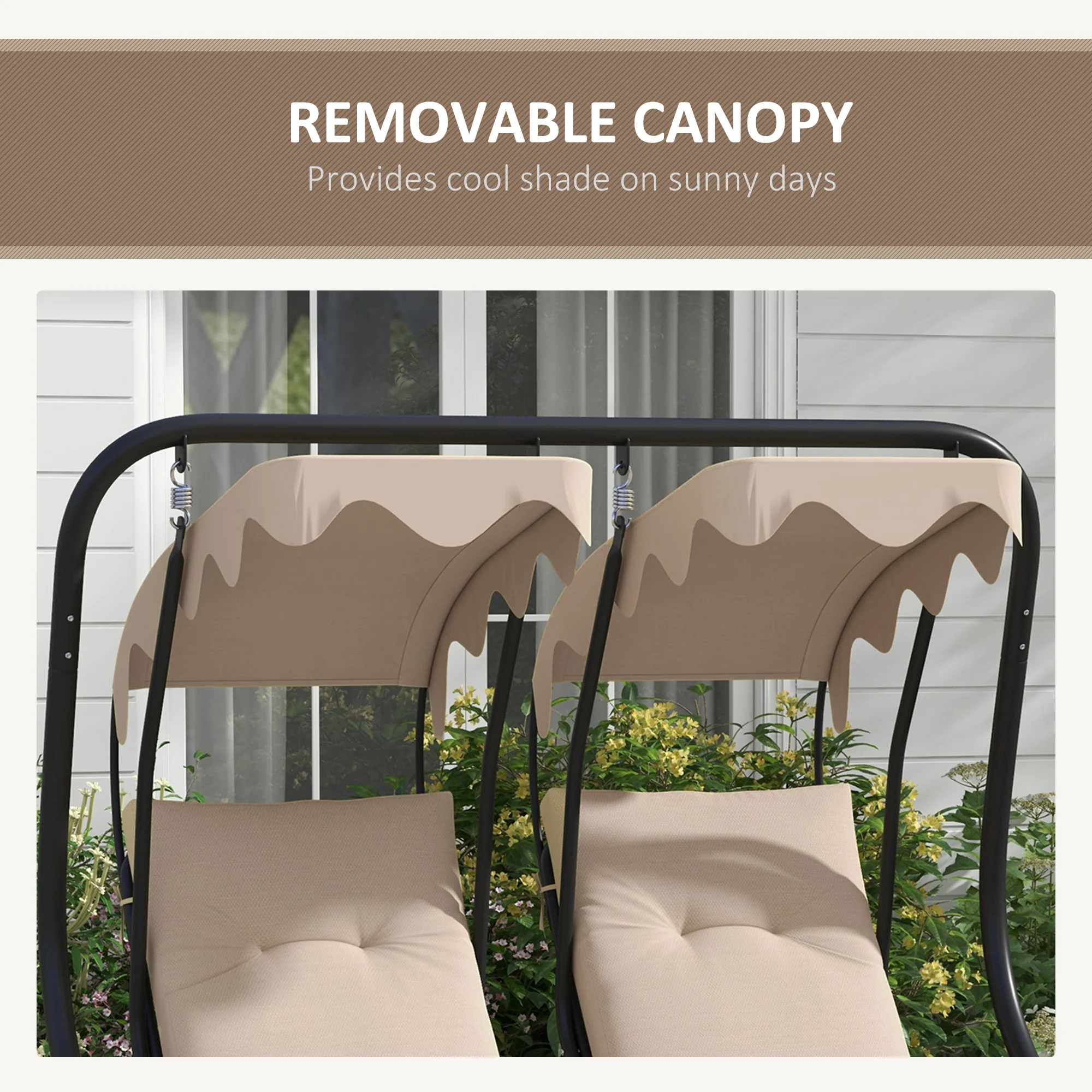Outsunny Canopy Swing 2 Separate Relax Chairs w/ Handrails, Cup Holders Beige - Image 7
