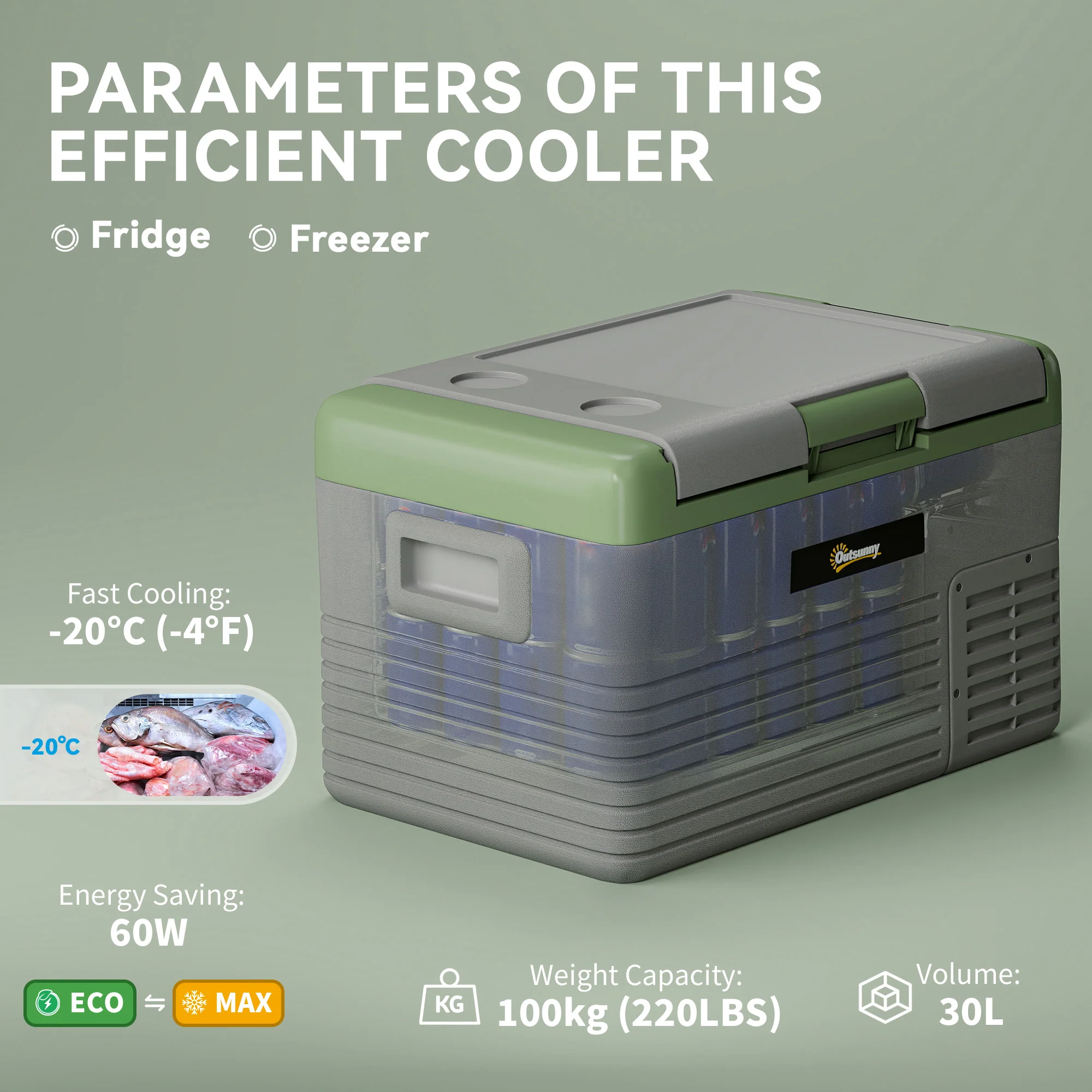 Outsunny Car Refrigerator 12V Portable Freezer For Camping, Light Green - Image 3