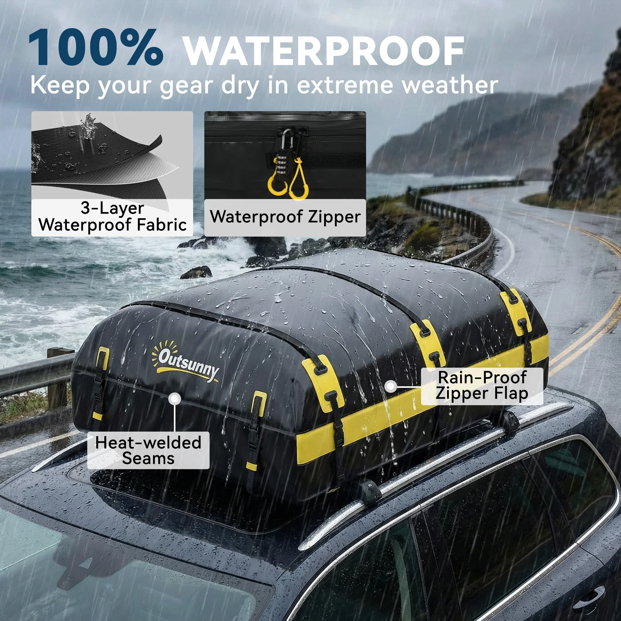 Outsunny Car Roof Bag, 21 Cubic Feet Waterproof Car Roof Box, Yellow - Image 7