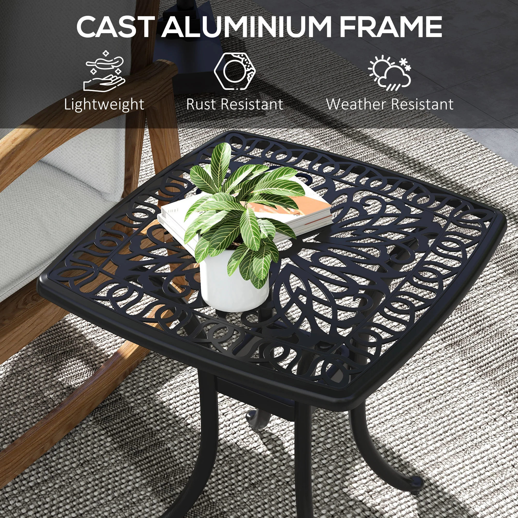 Outsunny Cast Aluminium Bistro Table With Umbrella Hole, Black - Image 4