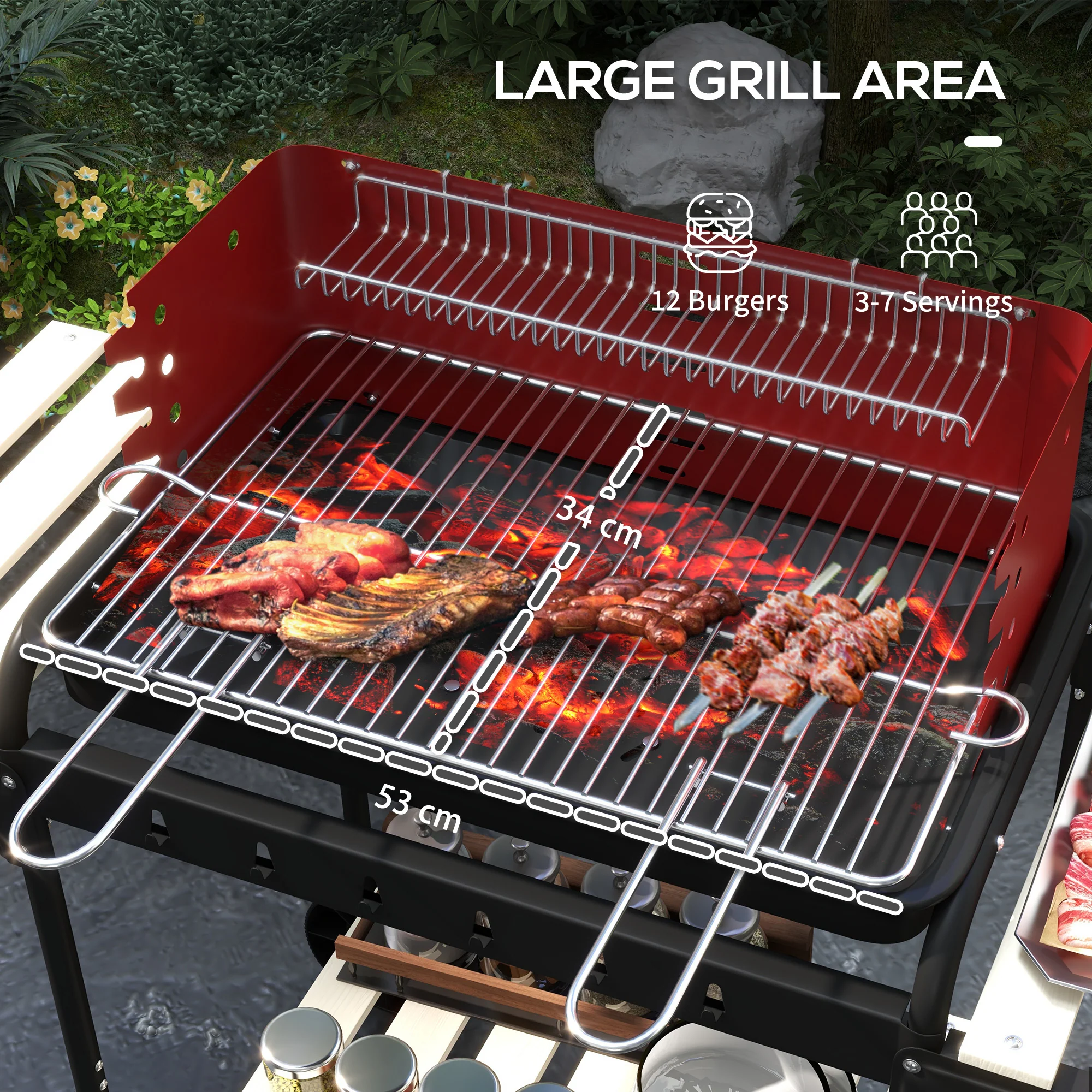 Outsunny Charcoal Barbecue BBQ Grill Trolley W/ 5-level Grill Height Ash Catcher - Image 12