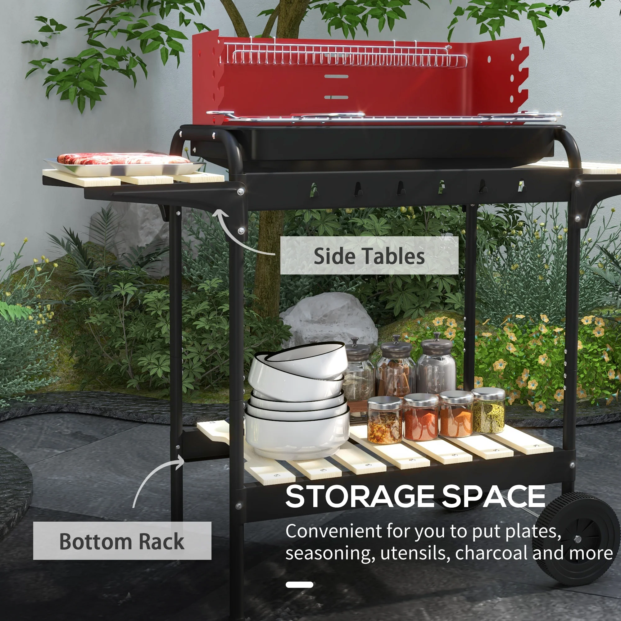 Outsunny Charcoal Barbecue BBQ Grill Trolley W/ 5-level Grill Height Ash Catcher - Image 15