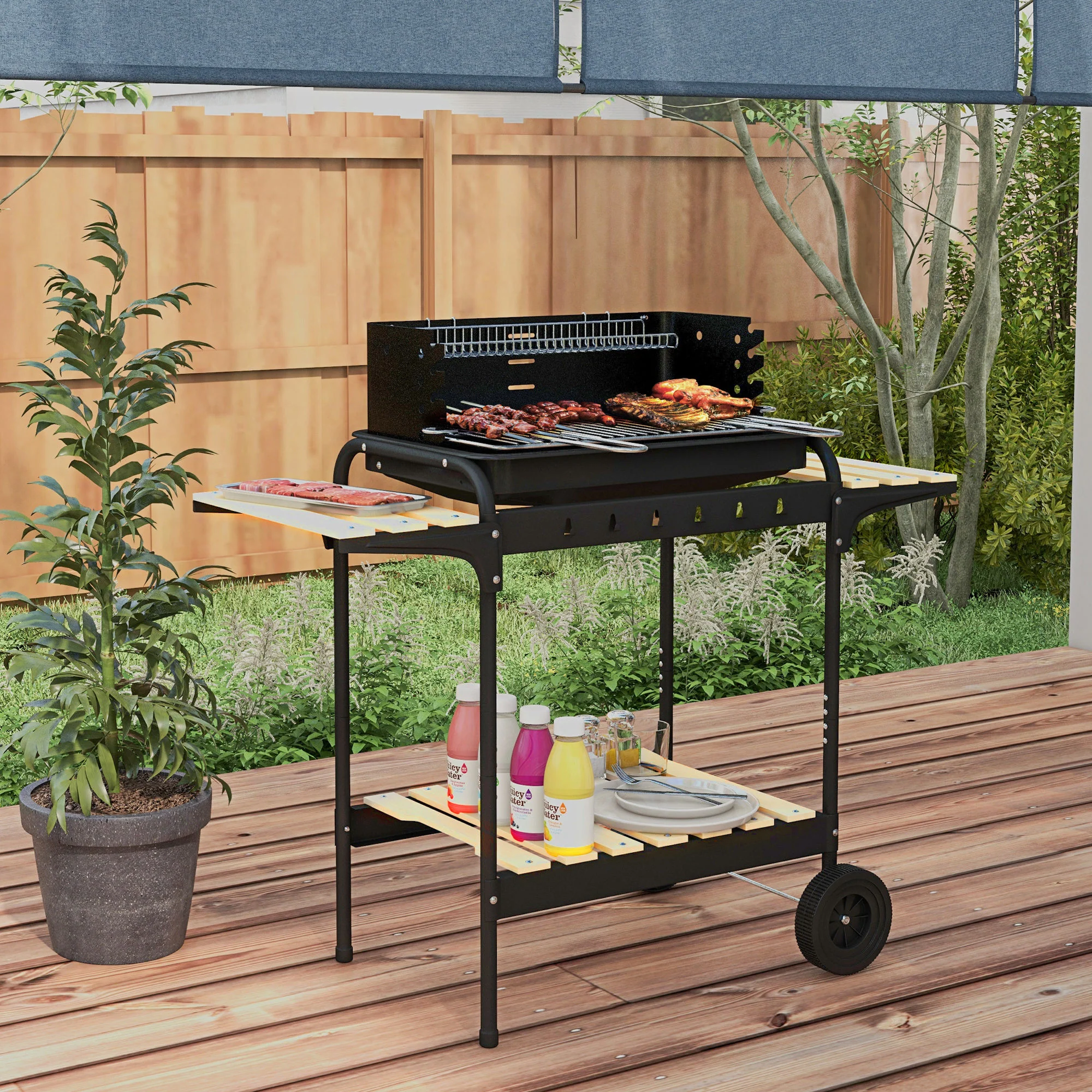 Outsunny Charcoal Barbecue BBQ Grill Trolley W/ 5-level Grill Height Ash Catcher - Image 2